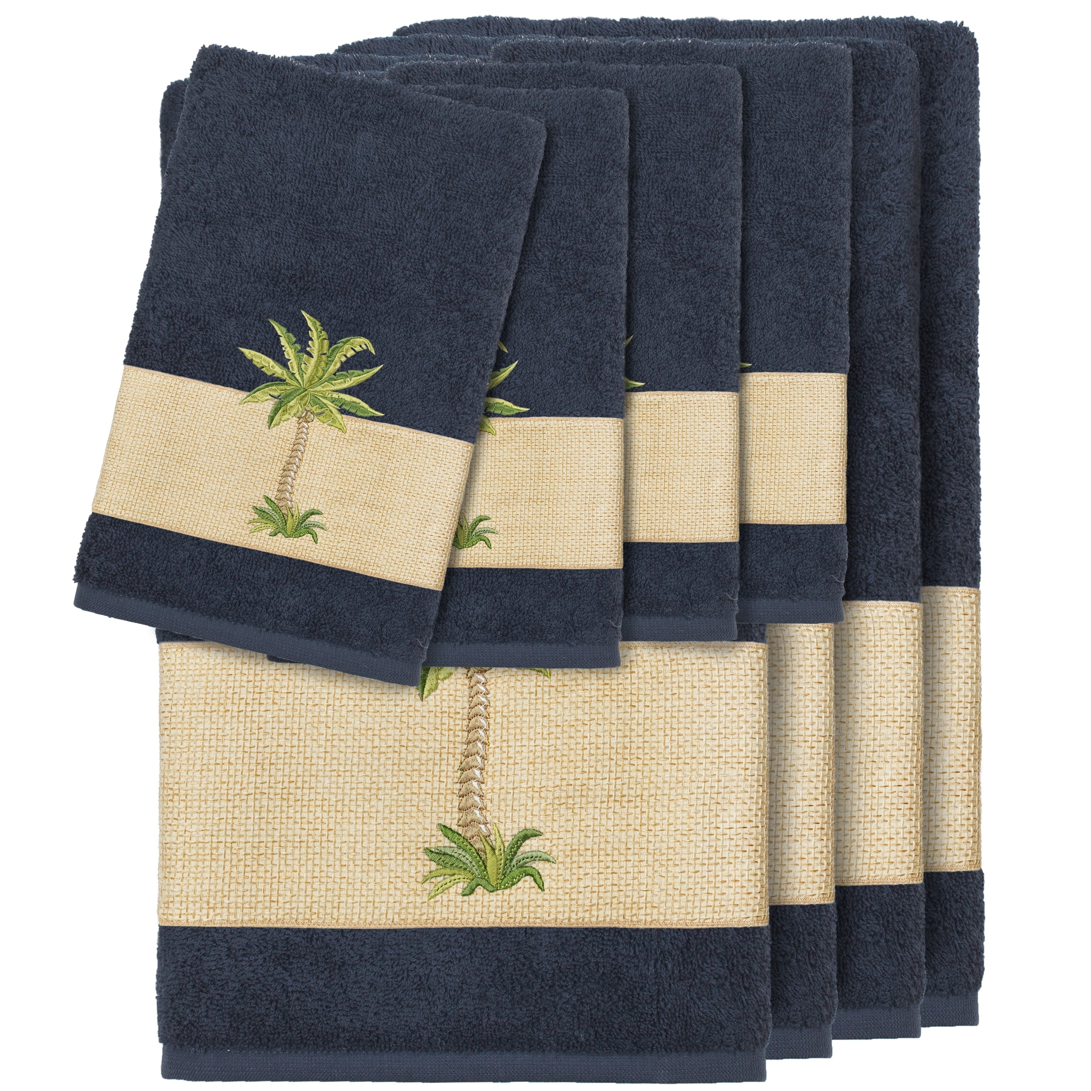 Authentic Hotel And Spa Turkish Cotton Palm Tree Embroidered Midnight Blue 8 Piece Towel Set