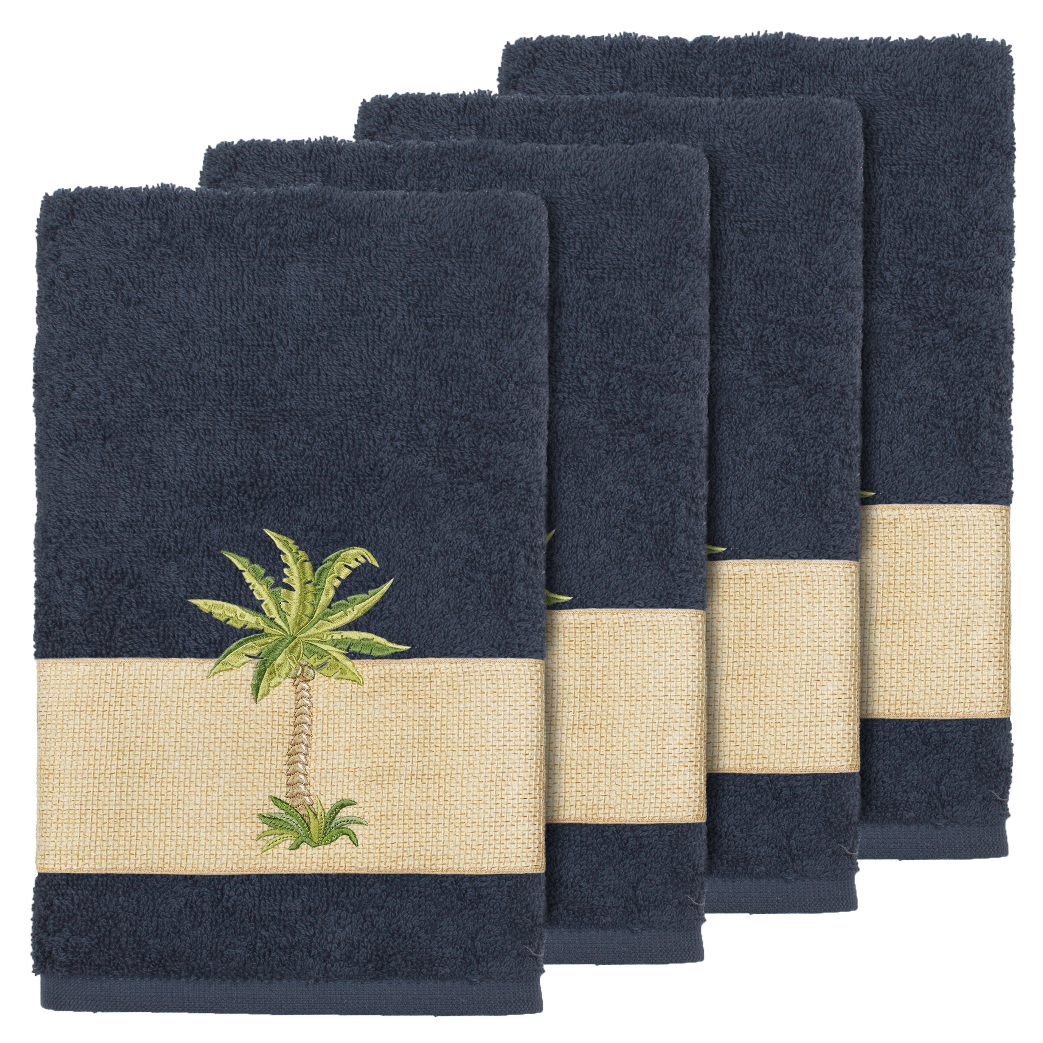 Authentic Hotel And Spa Turkish Cotton Palm Tree Embroidered Midnight Blue Hand Towels Set Of 4