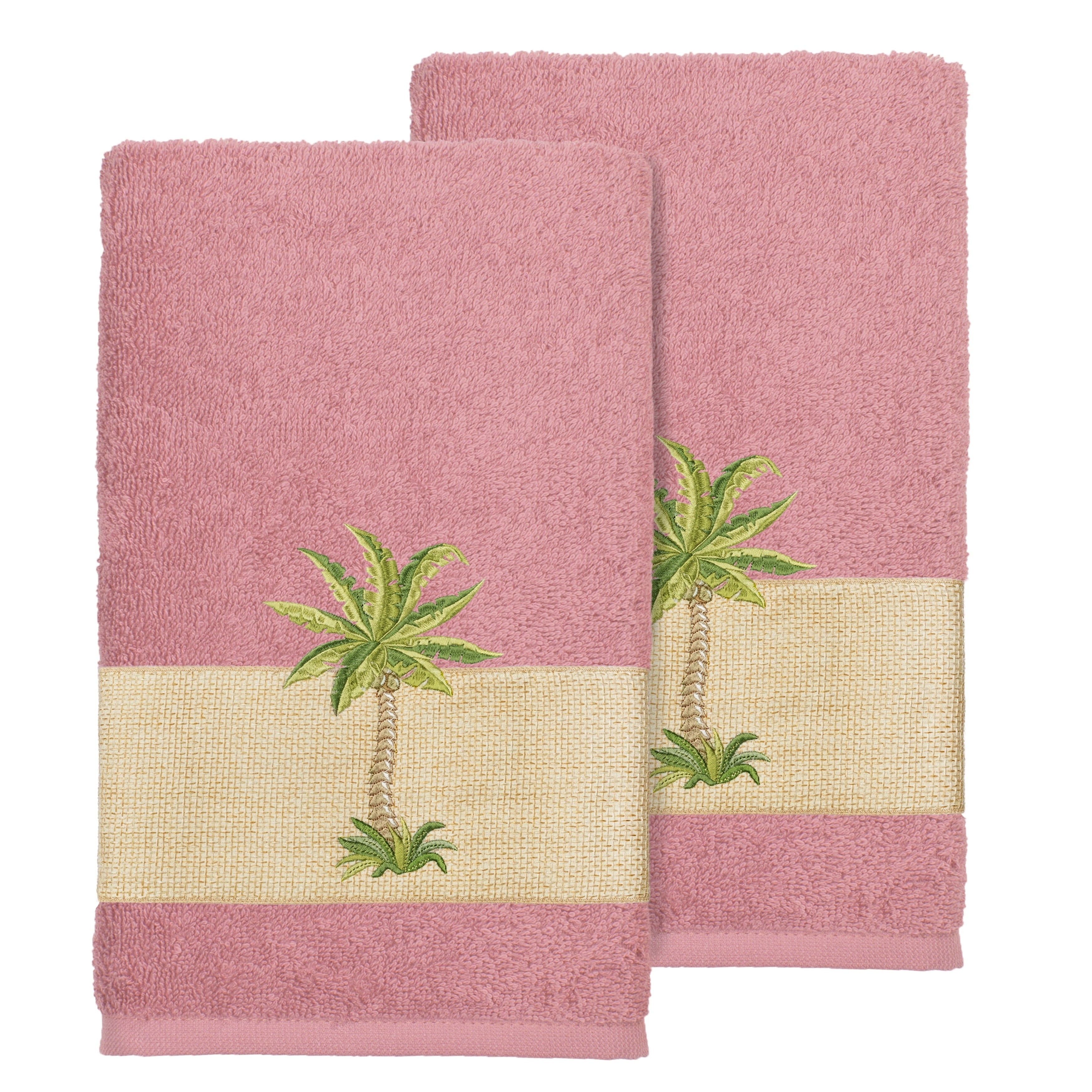 Authentic Hotel And Spa Turkish Cotton Palm Tree Embroidered Tea Rose Hand Towels Set Of 2