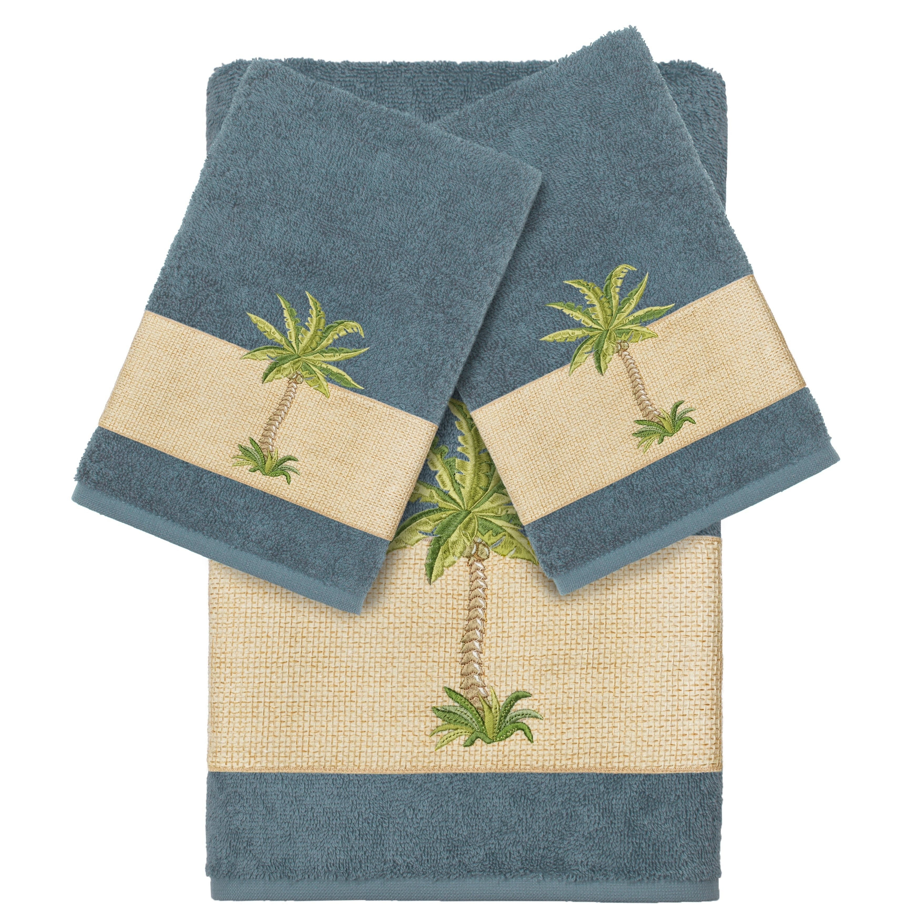Authentic Hotel And Spa Turkish Cotton Palm Tree Embroidered Teal 3 Piece Towel Set