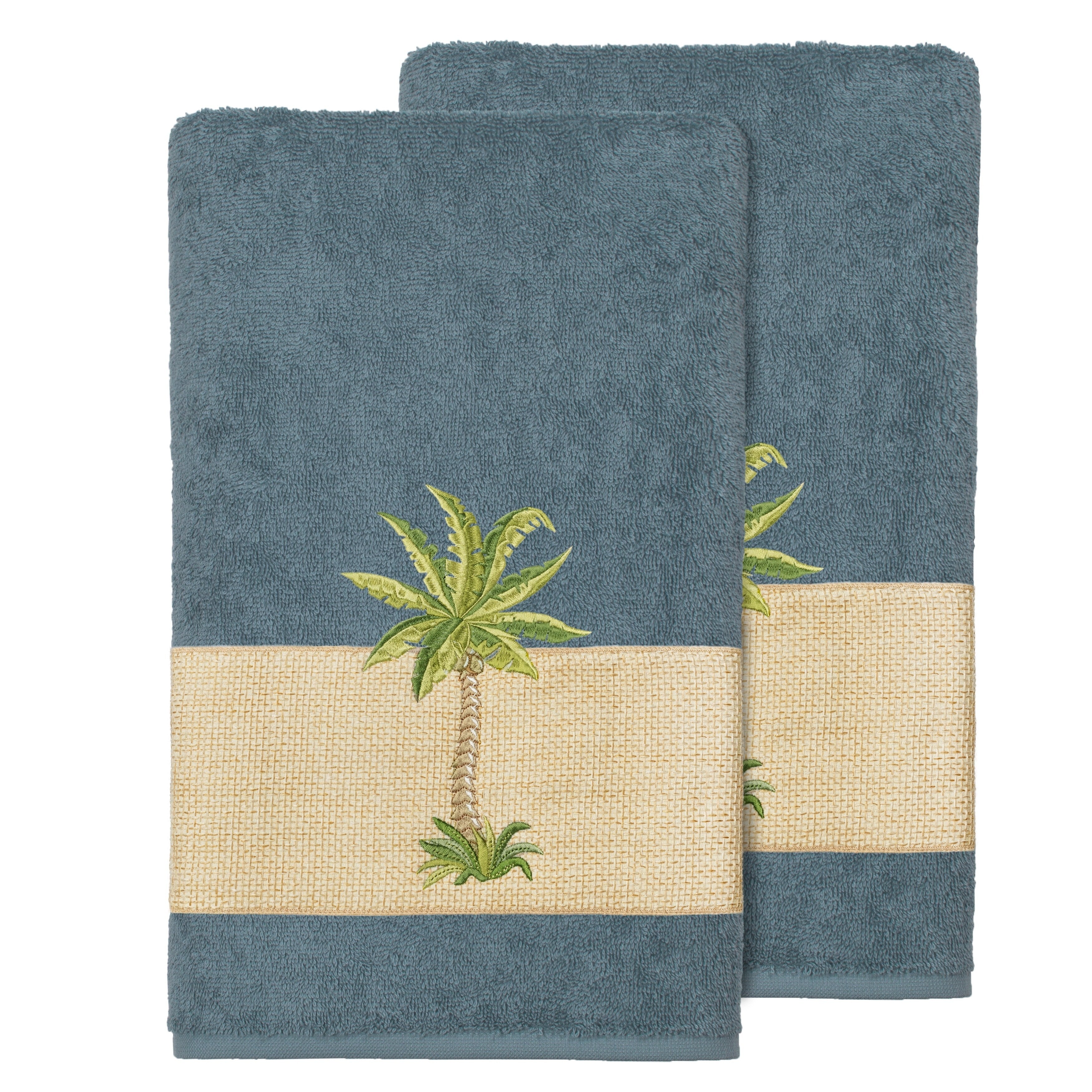 Authentic Hotel And Spa Turkish Cotton Palm Tree Embroidered Teal Bath Towels Set Of 2