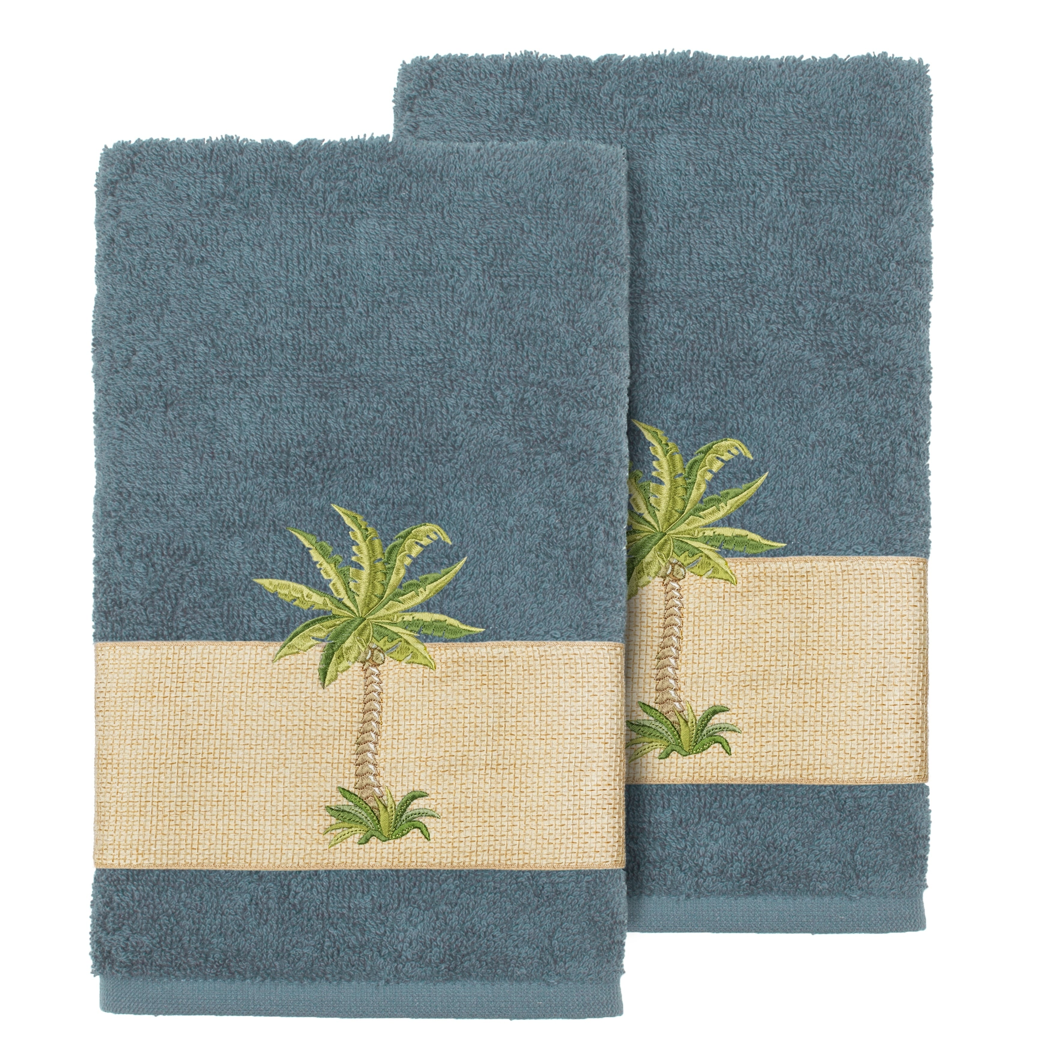 Authentic Hotel And Spa Turkish Cotton Palm Tree Embroidered Teal Hand Towels Set Of 2