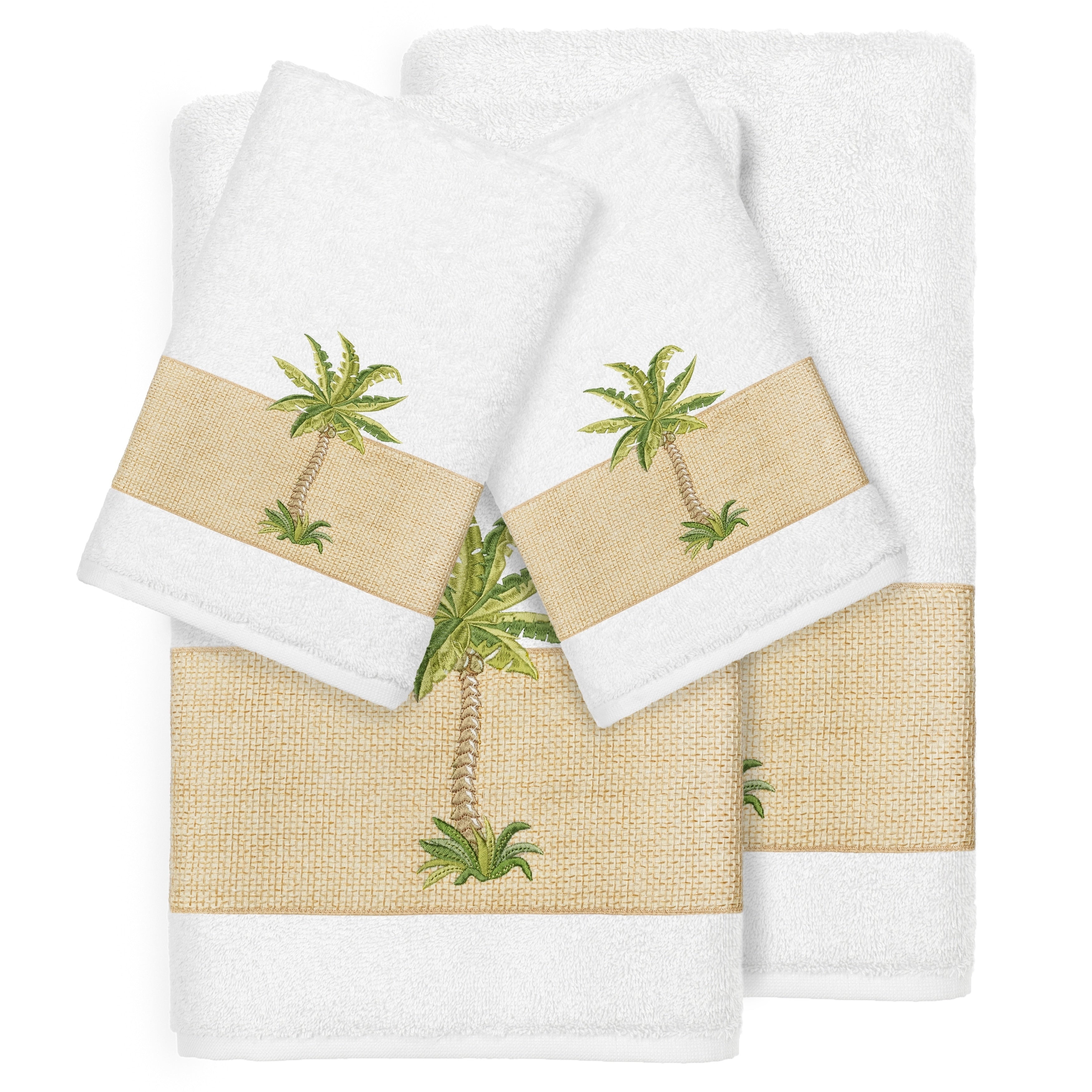 Authentic Hotel And Spa Turkish Cotton Palm Tree Embroidered White 4 Piece Towel Set