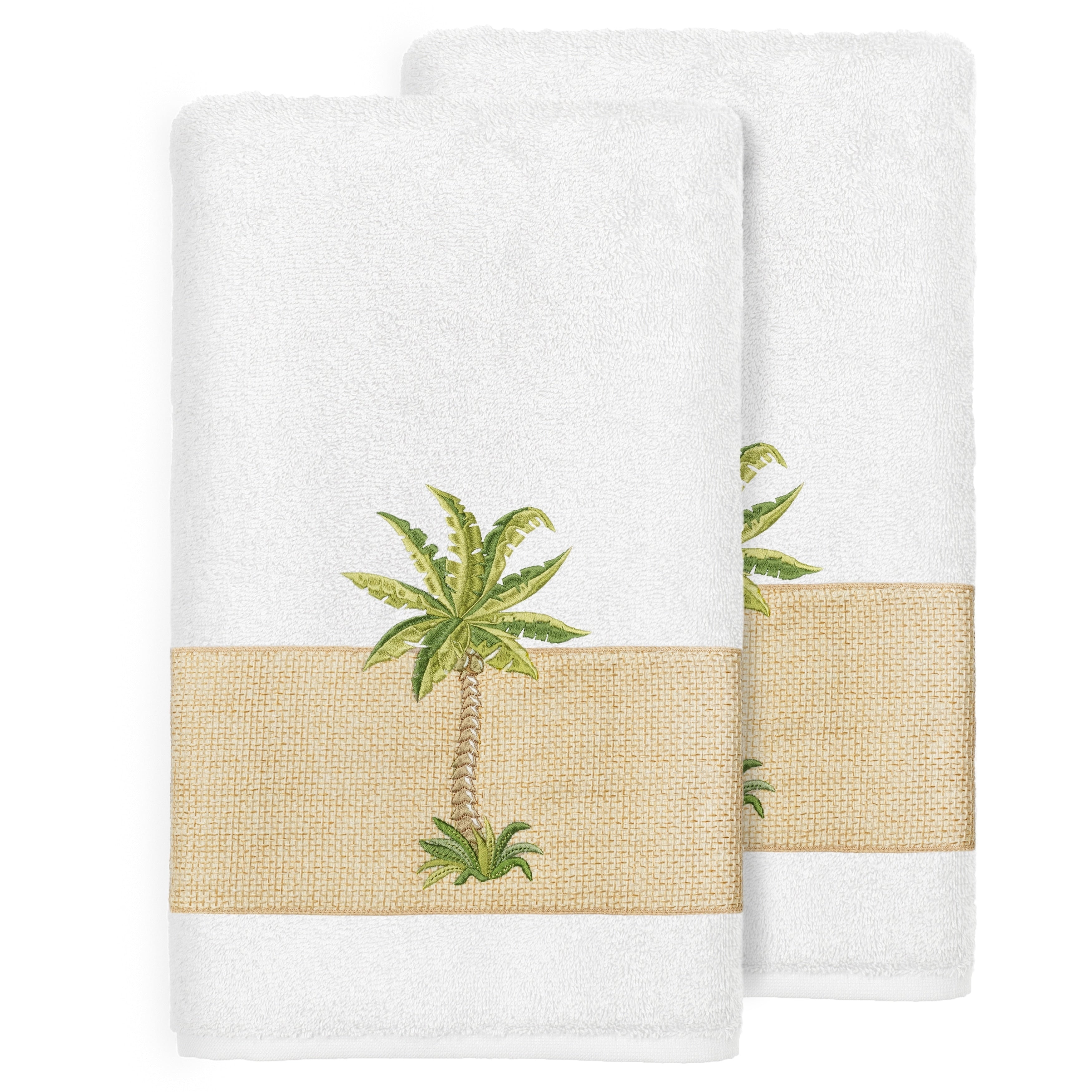 Authentic Hotel And Spa Turkish Cotton Palm Tree Embroidered White Bath Towels Set Of 2
