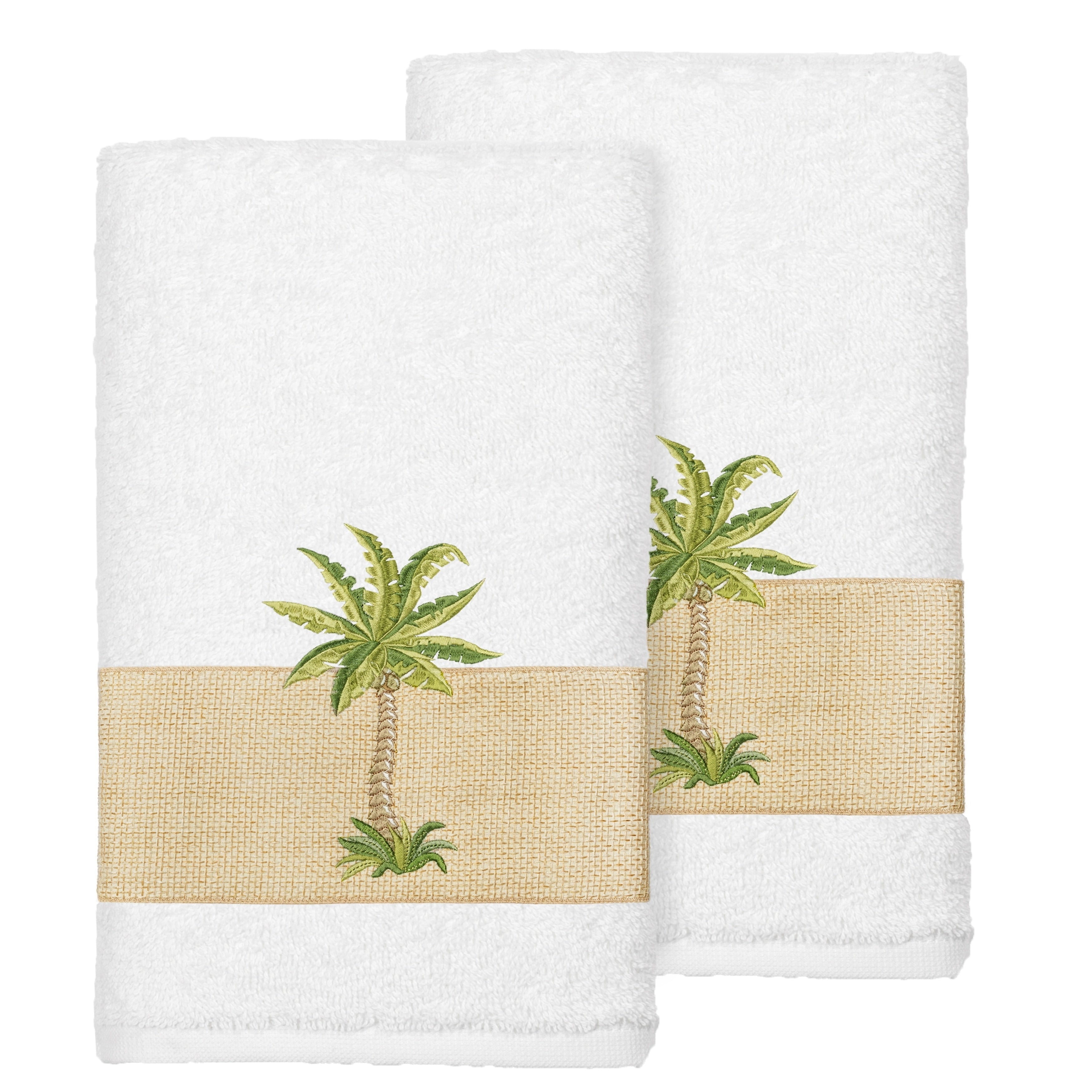 Authentic Hotel And Spa Turkish Cotton Palm Tree Embroidered White Hand Towels Set Of 2