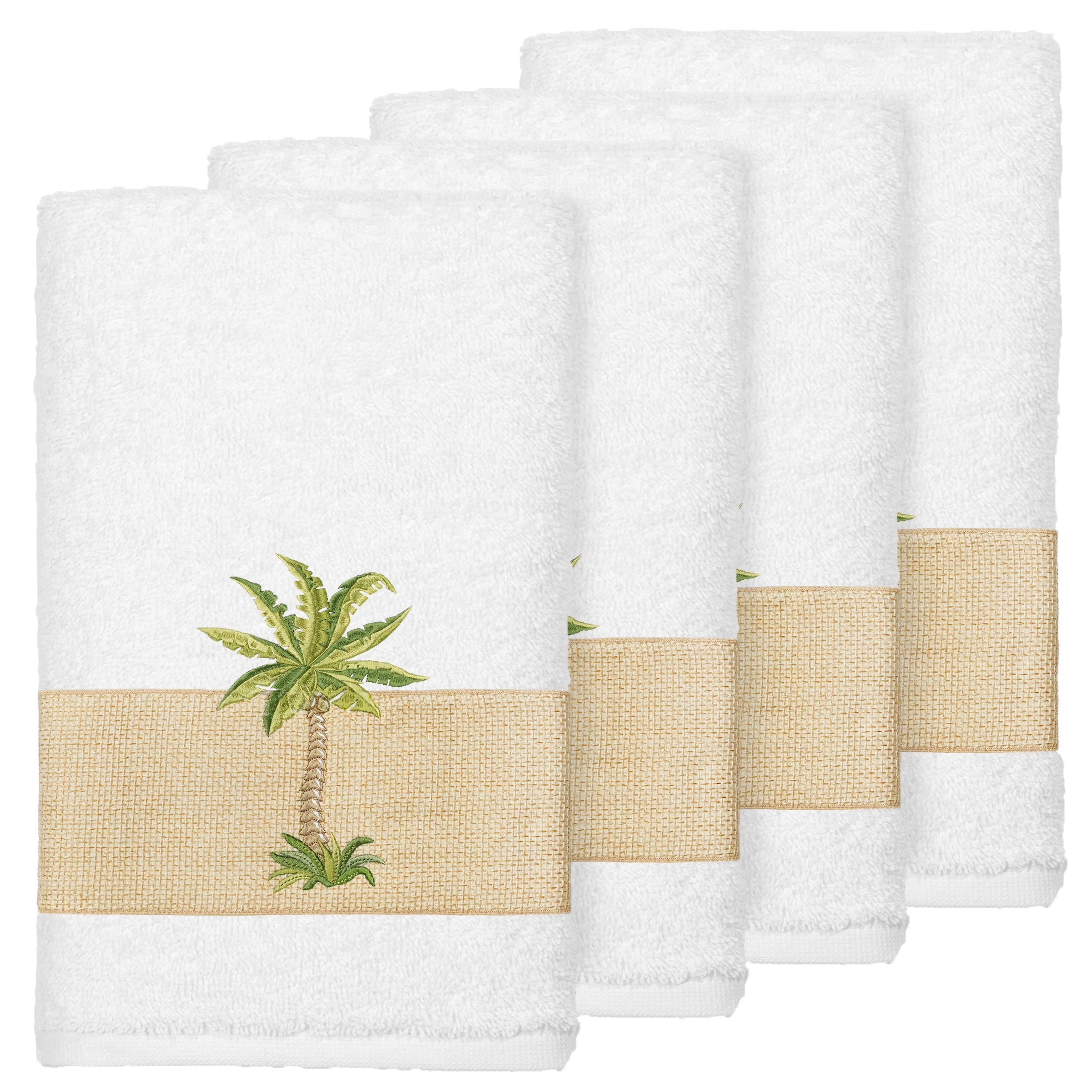 Authentic Hotel And Spa Turkish Cotton Palm Tree Embroidered White Hand Towels Set Of 4
