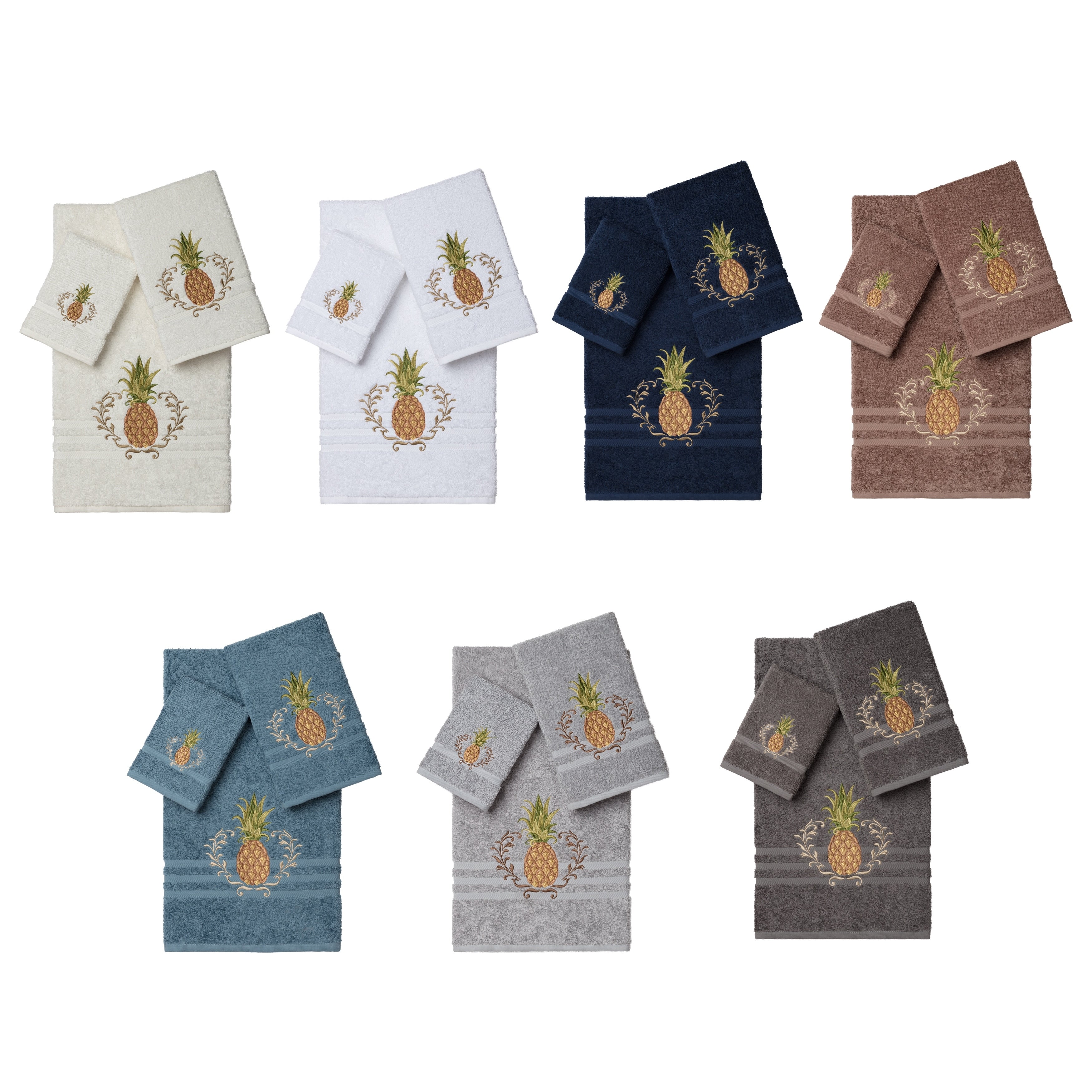 Authentic Hotel And Spa Turkish Cotton Pineapple Embroidered 3 Piece Towel Set