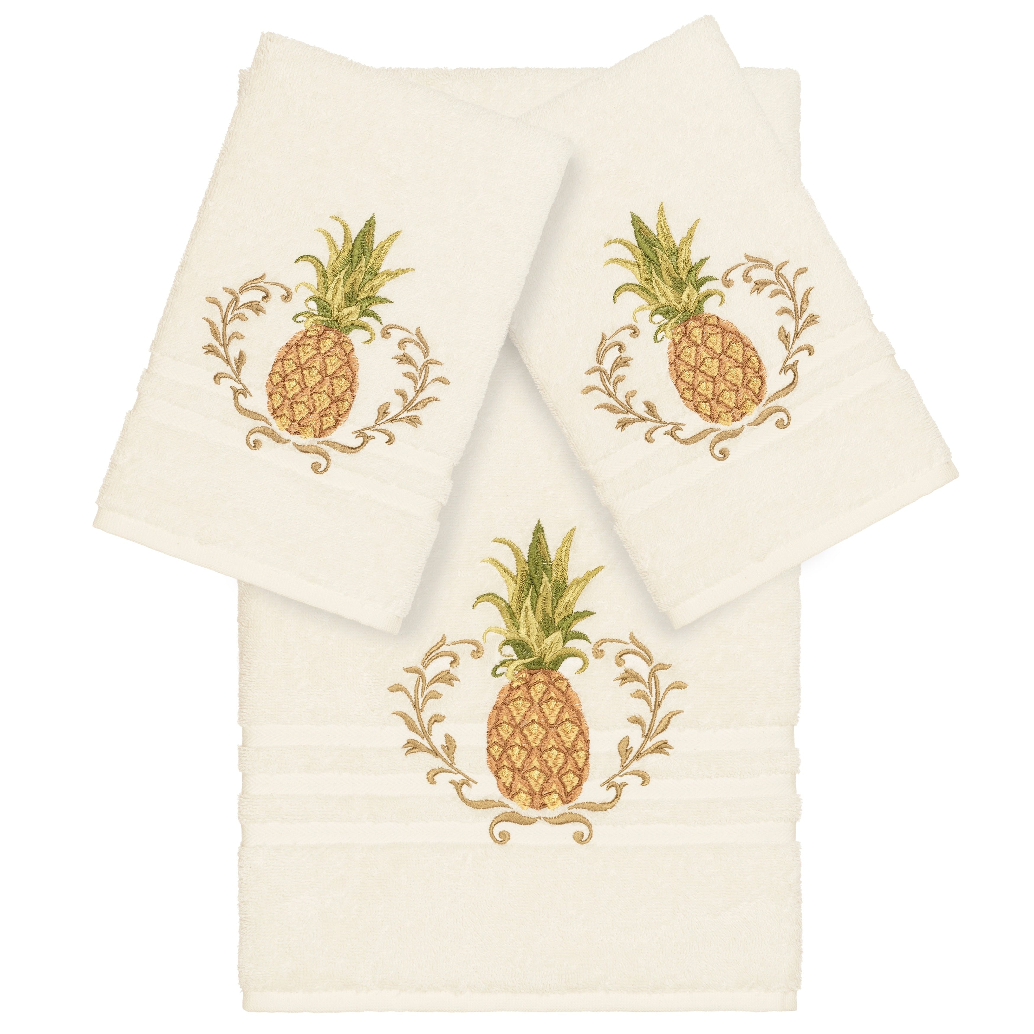 Authentic Hotel And Spa Turkish Cotton Pineapple Embroidered Cream 3 Piece Towel Set