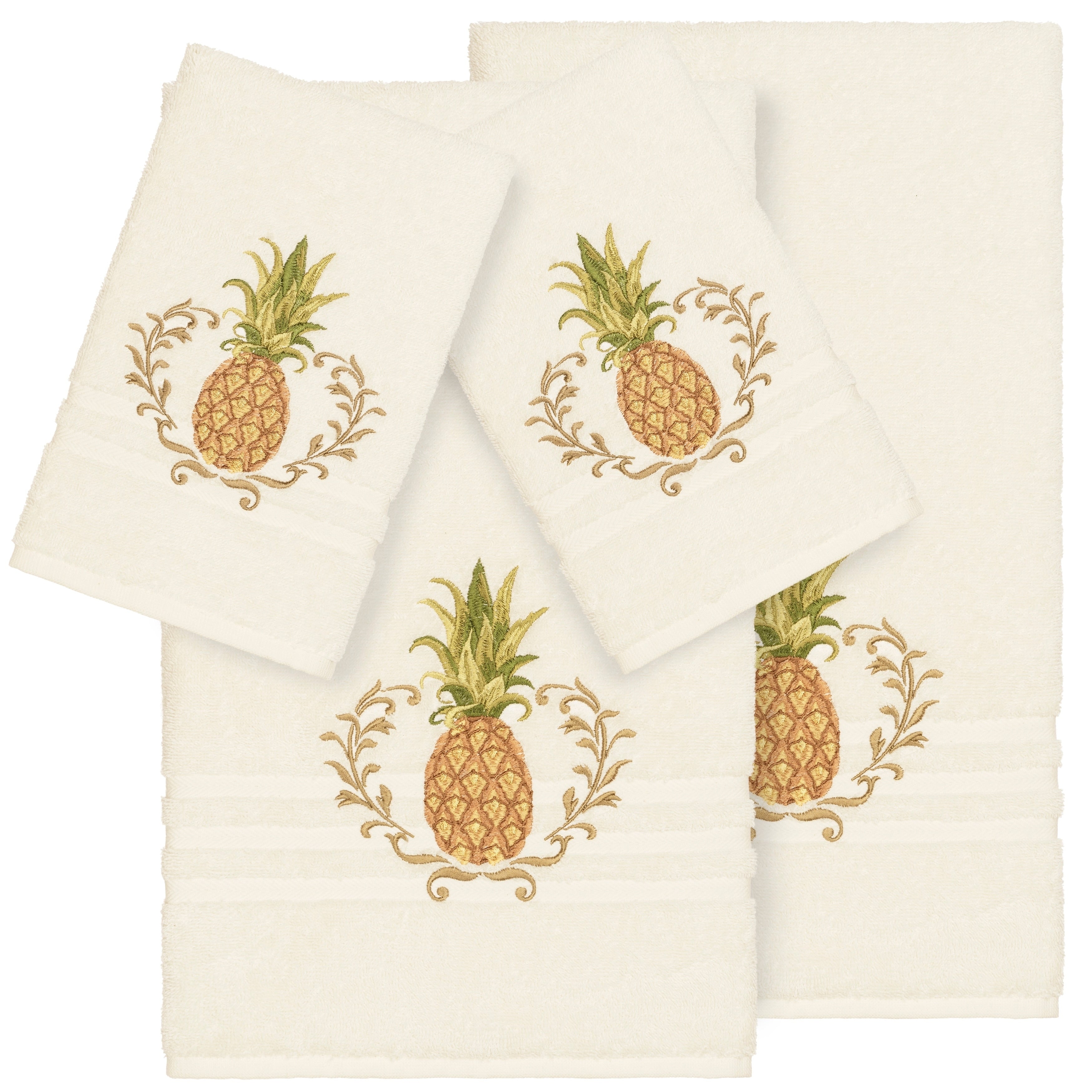 Authentic Hotel And Spa Turkish Cotton Pineapple Embroidered Cream 4 Piece Towel Set