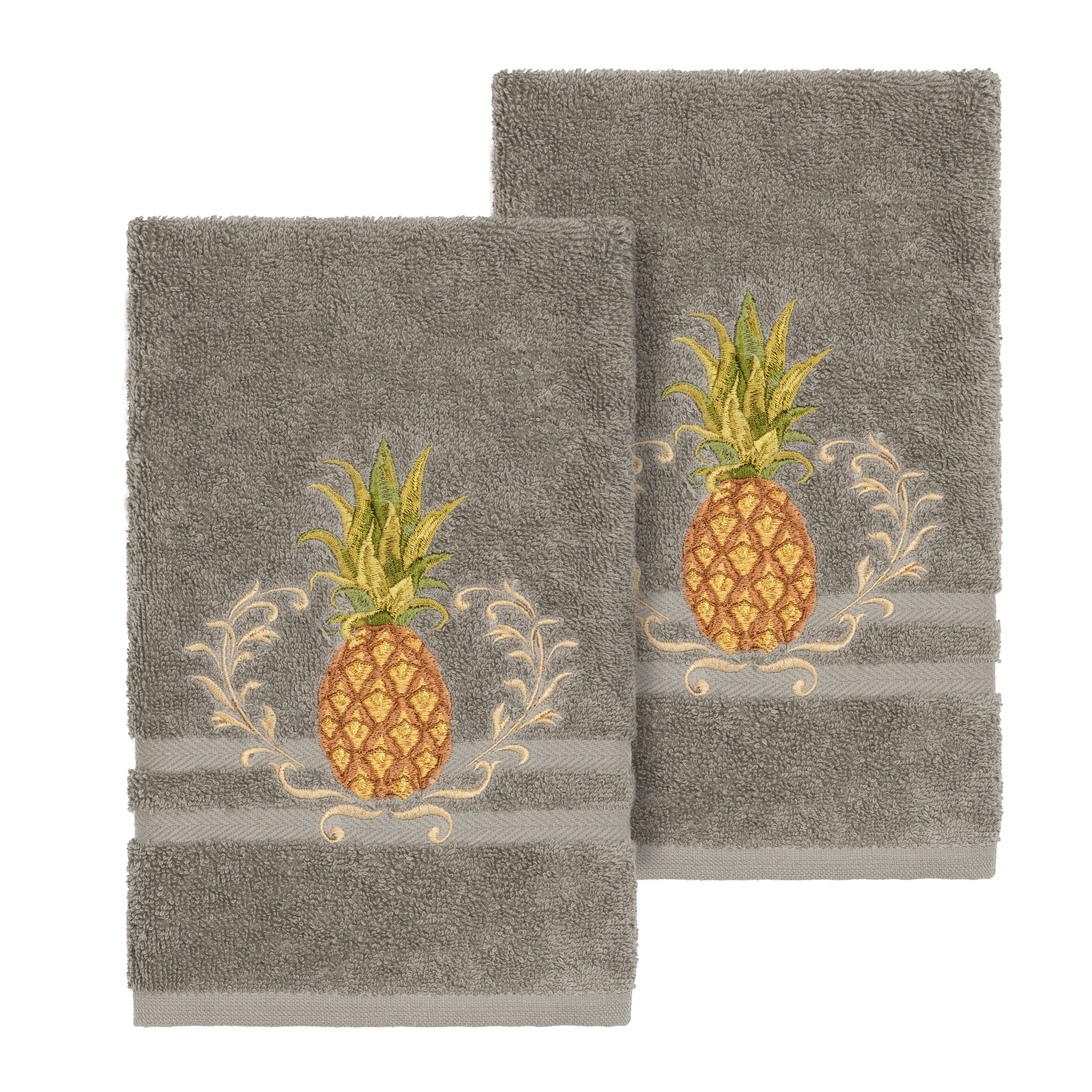 Authentic Hotel And Spa Turkish Cotton Pineapple Embroidered Dark Grey 2 Piece Towel Hand Set