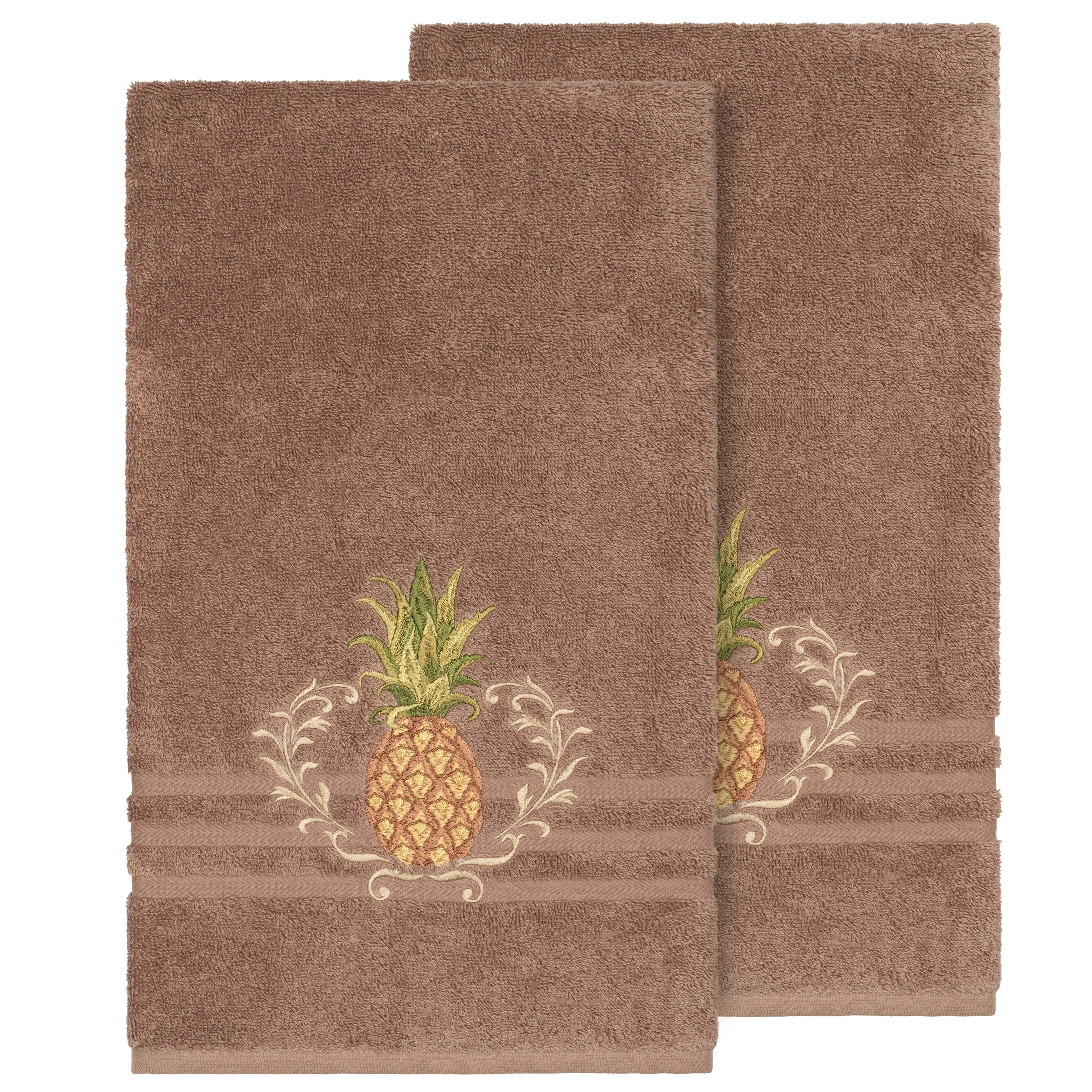 Authentic Hotel And Spa Turkish Cotton Pineapple Embroidered Latte Brown 2 Piece Bath Towel Set