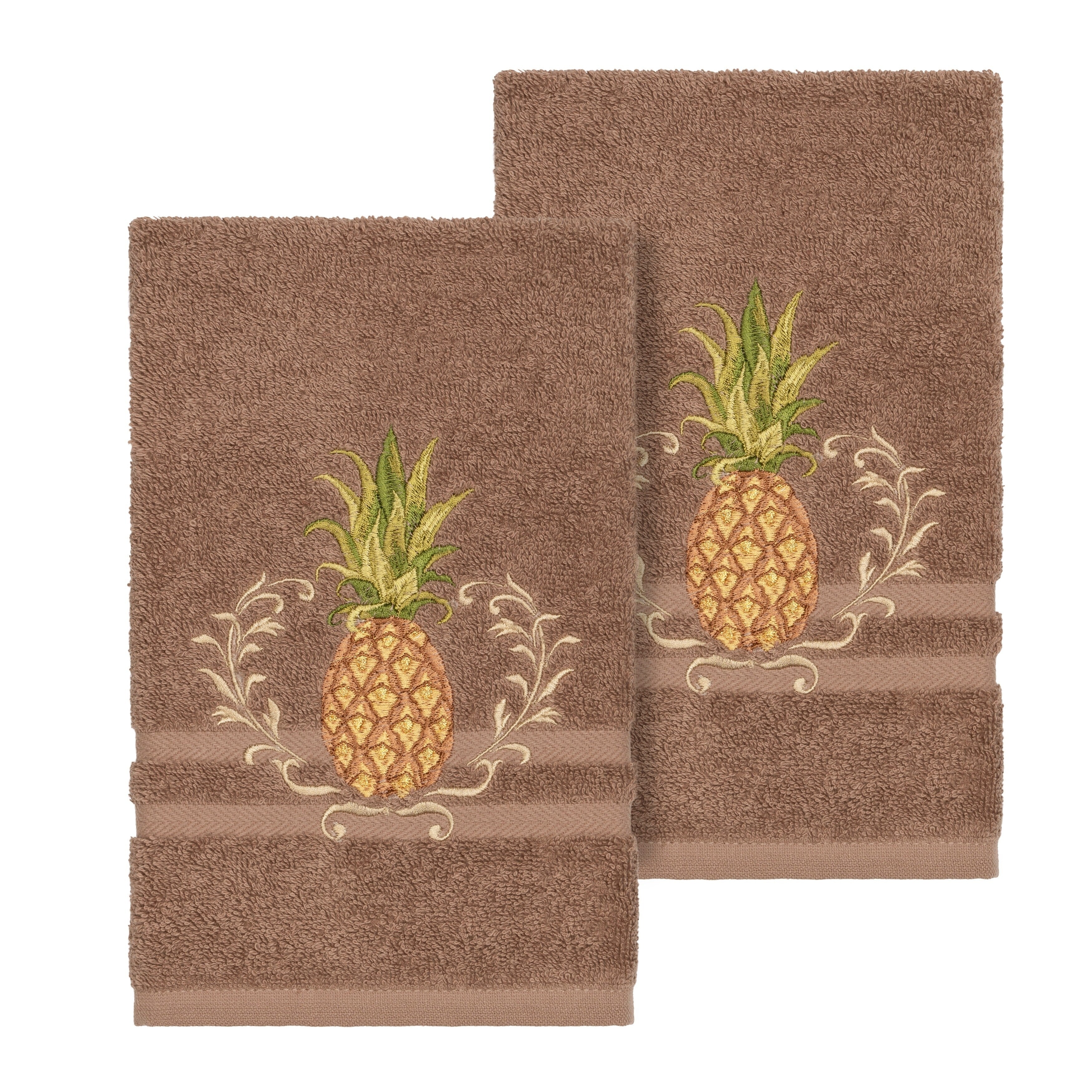 Authentic Hotel And Spa Turkish Cotton Pineapple Embroidered Latte Brown 2 Piece Towel Hand Set