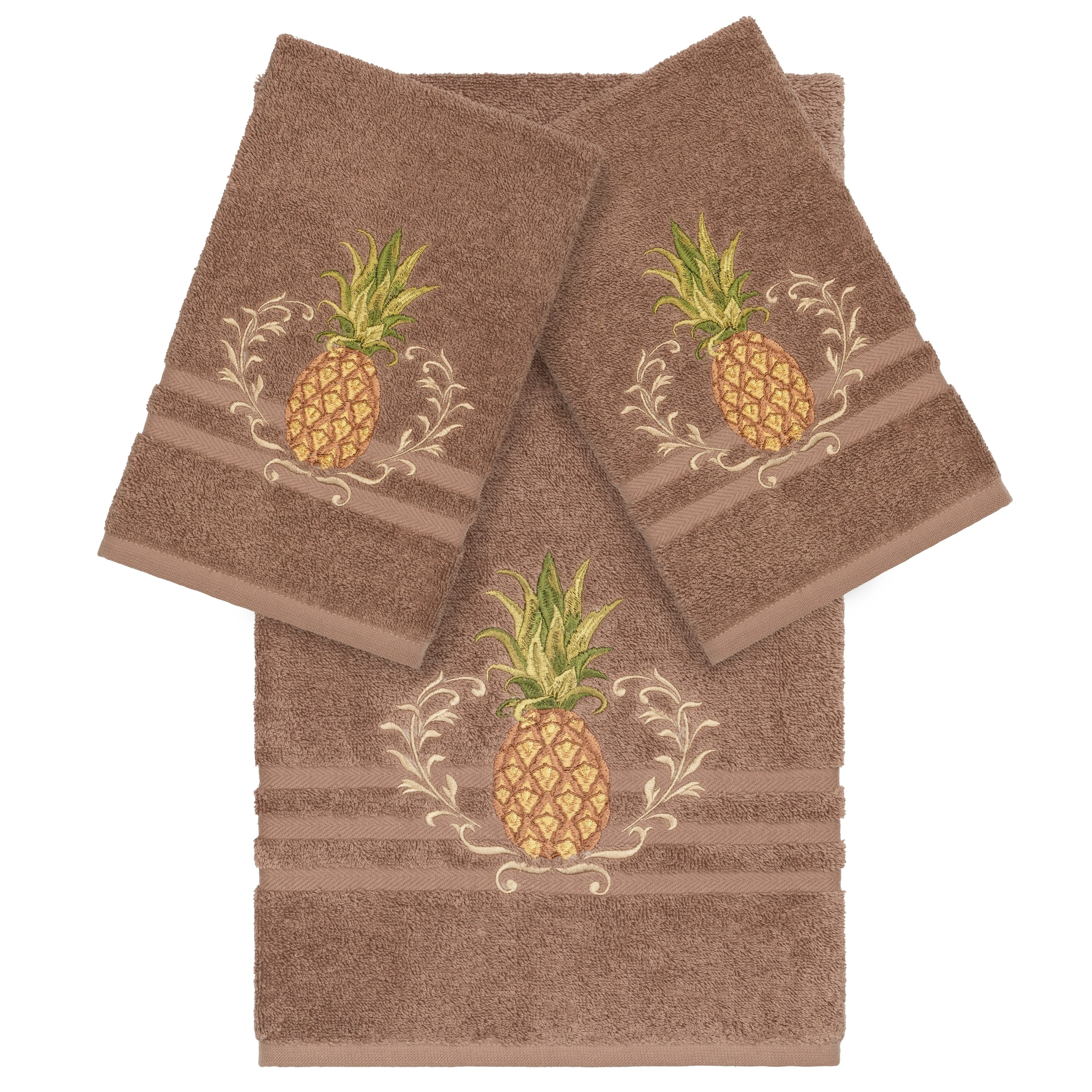 Authentic Hotel And Spa Turkish Cotton Pineapple Embroidered Latte Brown 3 Piece Towel Set