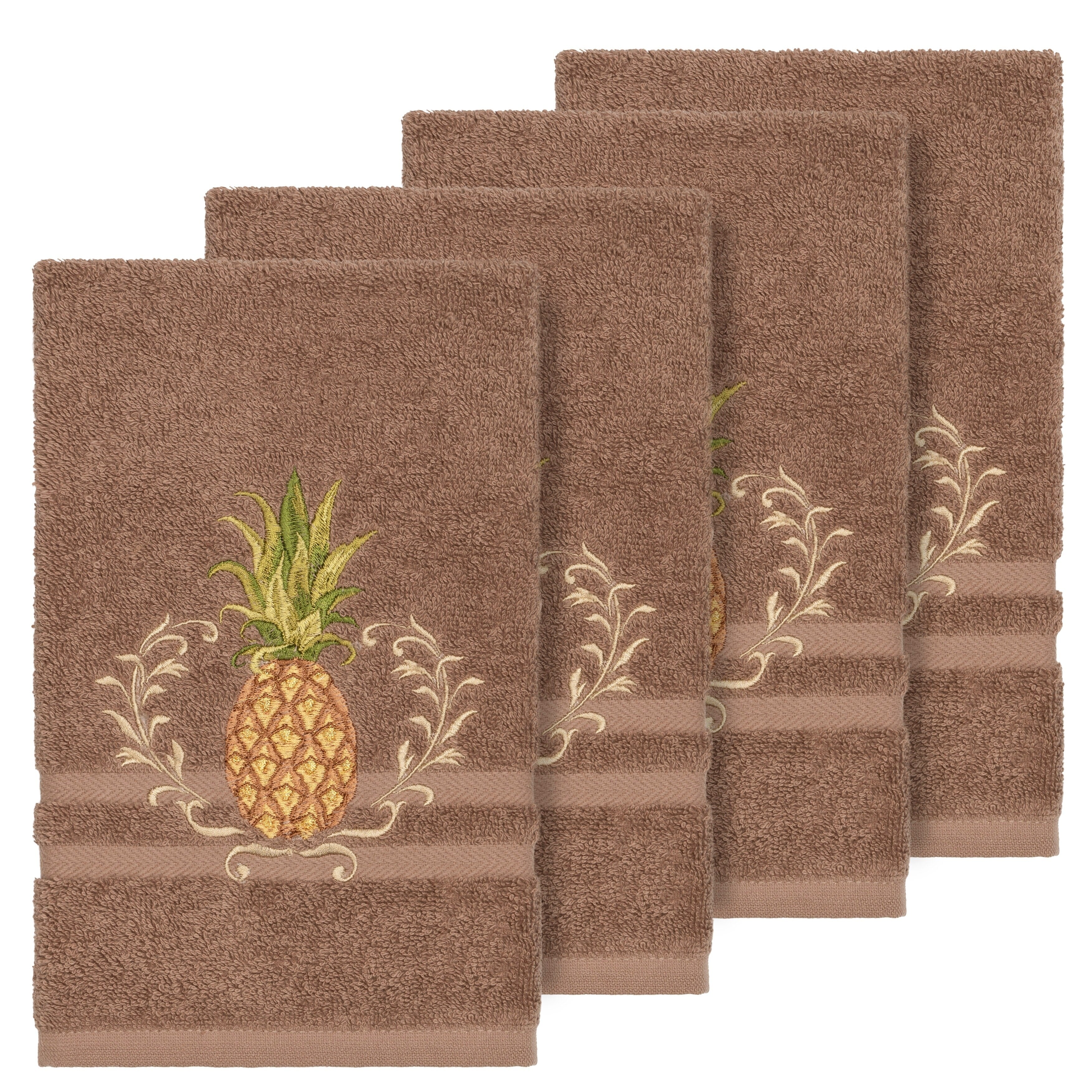 Authentic Hotel And Spa Turkish Cotton Pineapple Embroidered Latte Brown 4 Piece Hand Towel Set