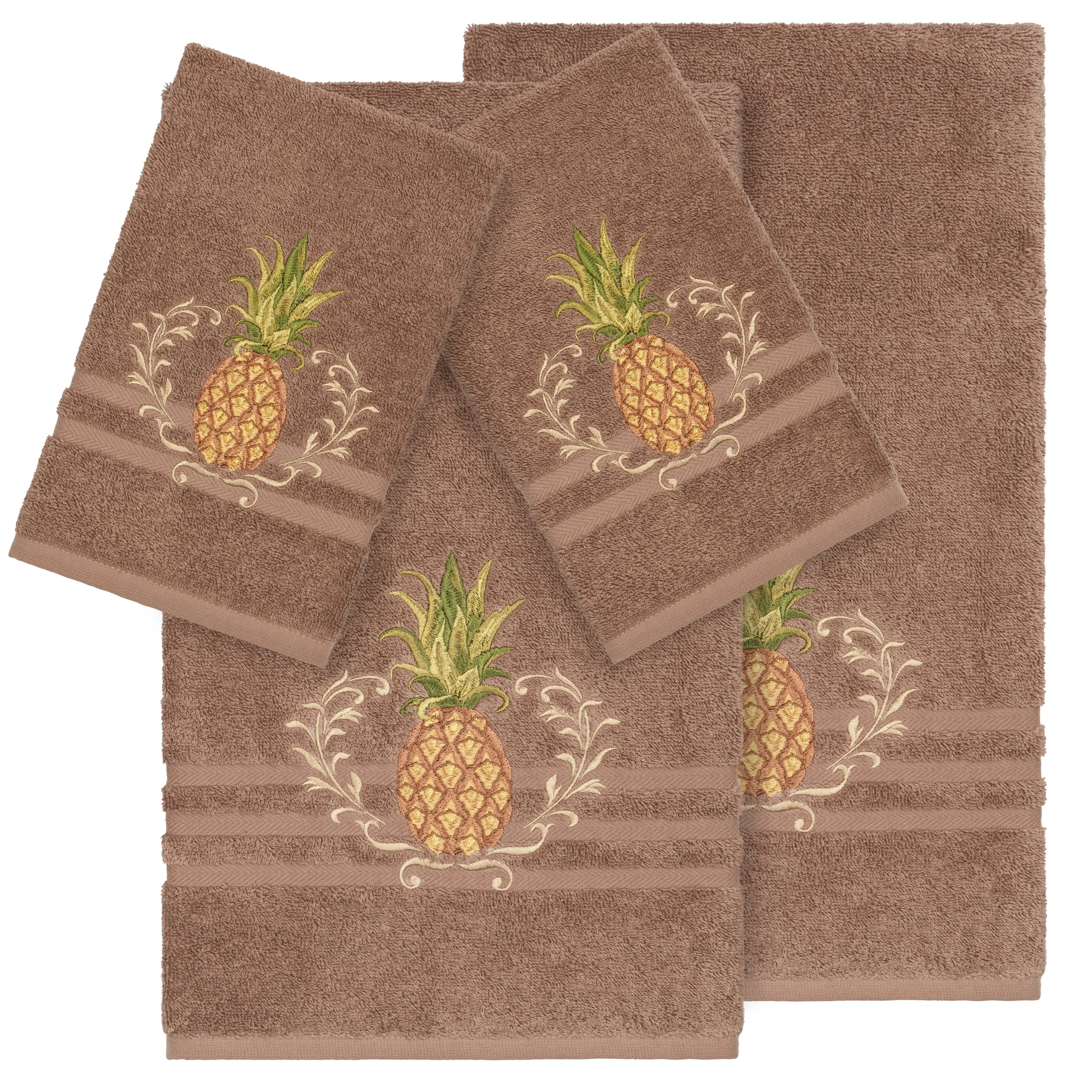 Authentic Hotel And Spa Turkish Cotton Pineapple Embroidered Latte Brown 4 Piece Towel Set