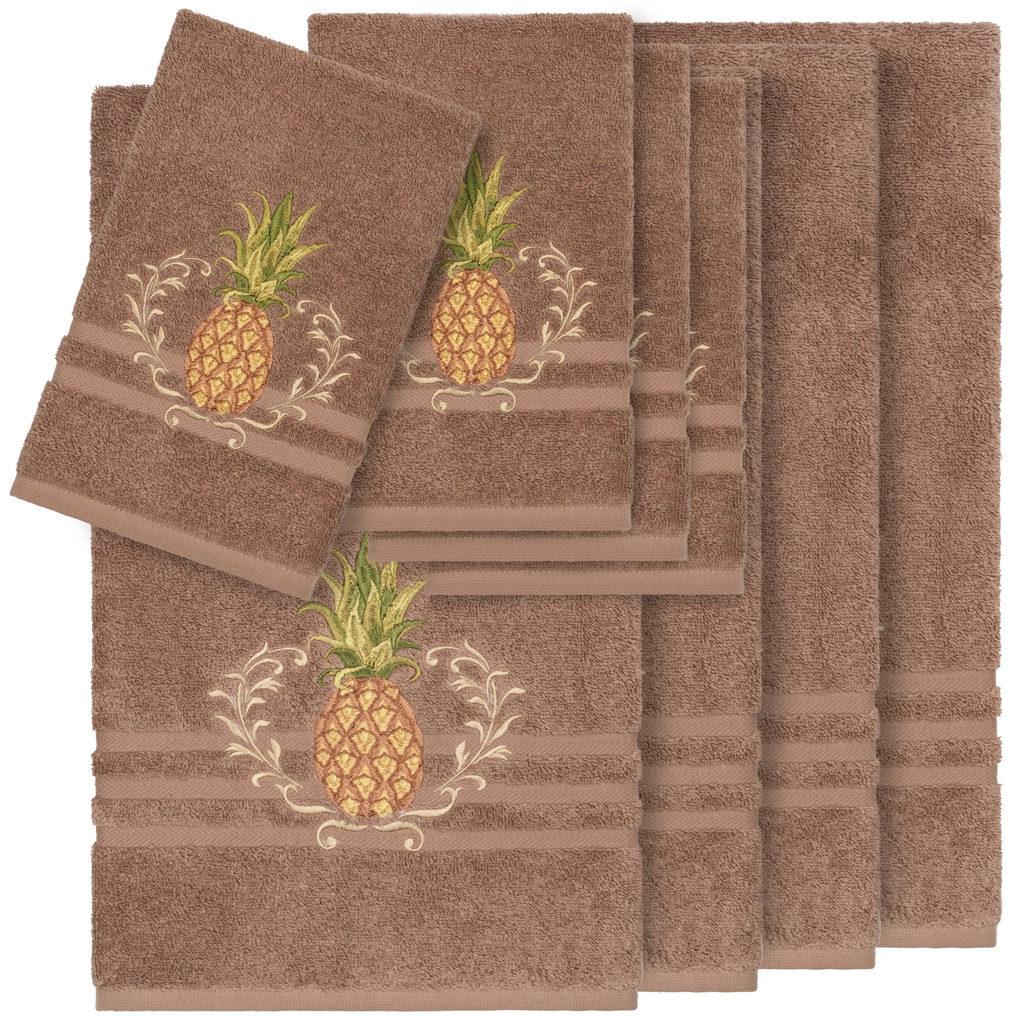 Authentic Hotel And Spa Turkish Cotton Pineapple Embroidered Latte Brown 8 Piece Towel Set