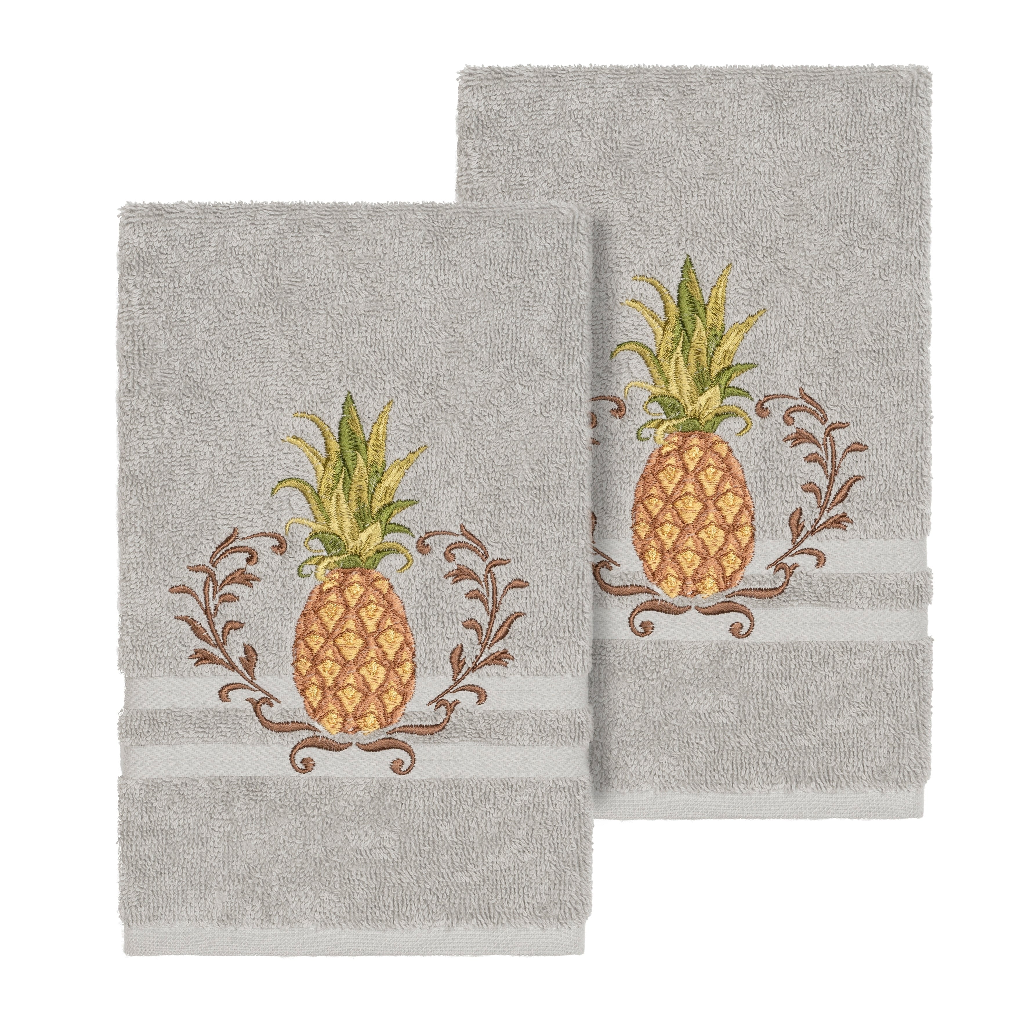 Authentic Hotel And Spa Turkish Cotton Pineapple Embroidered Light Grey 2 Piece Towel Hand Set
