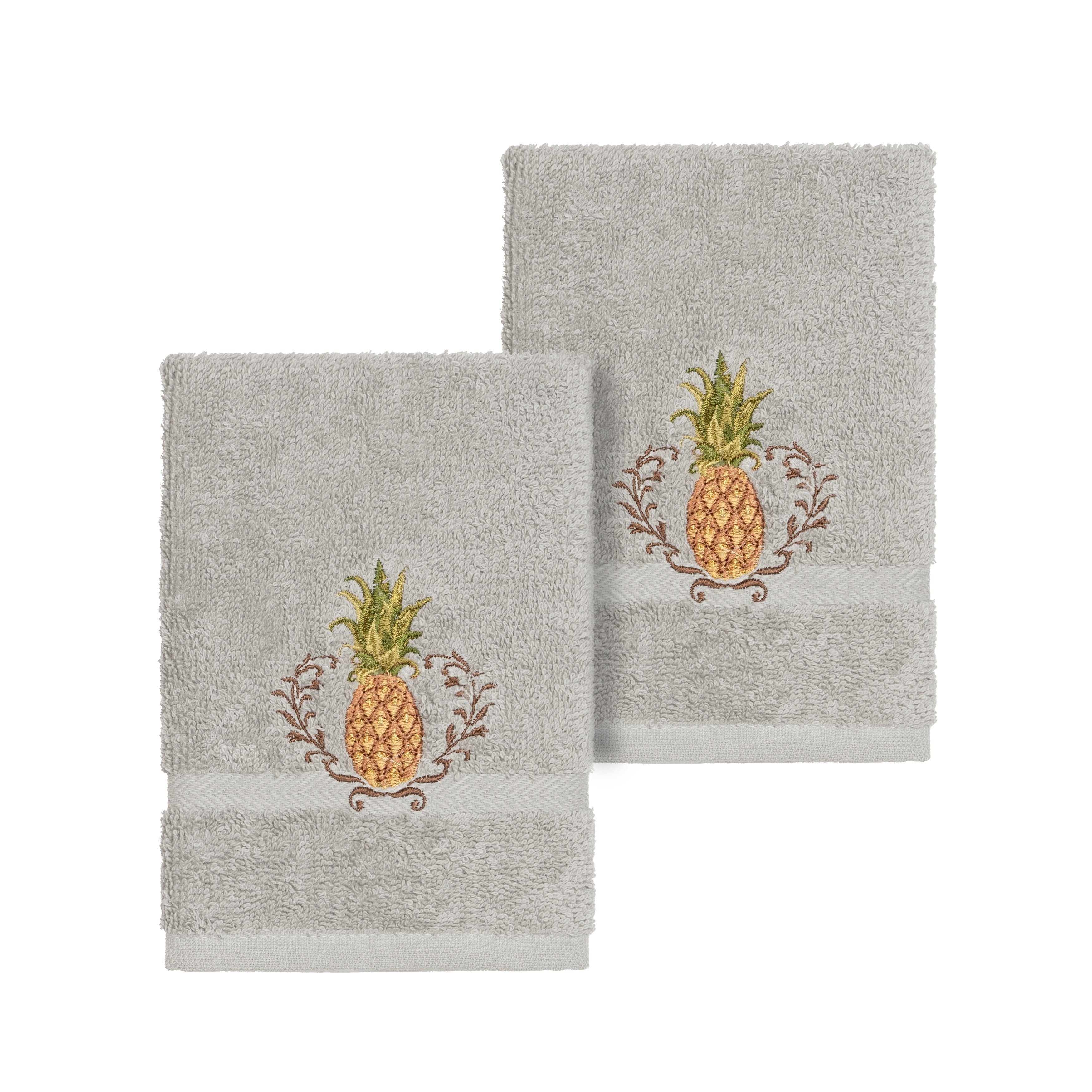 Authentic Hotel And Spa Turkish Cotton Pineapple Embroidered Light Grey 2 Piece Washcloth Set
