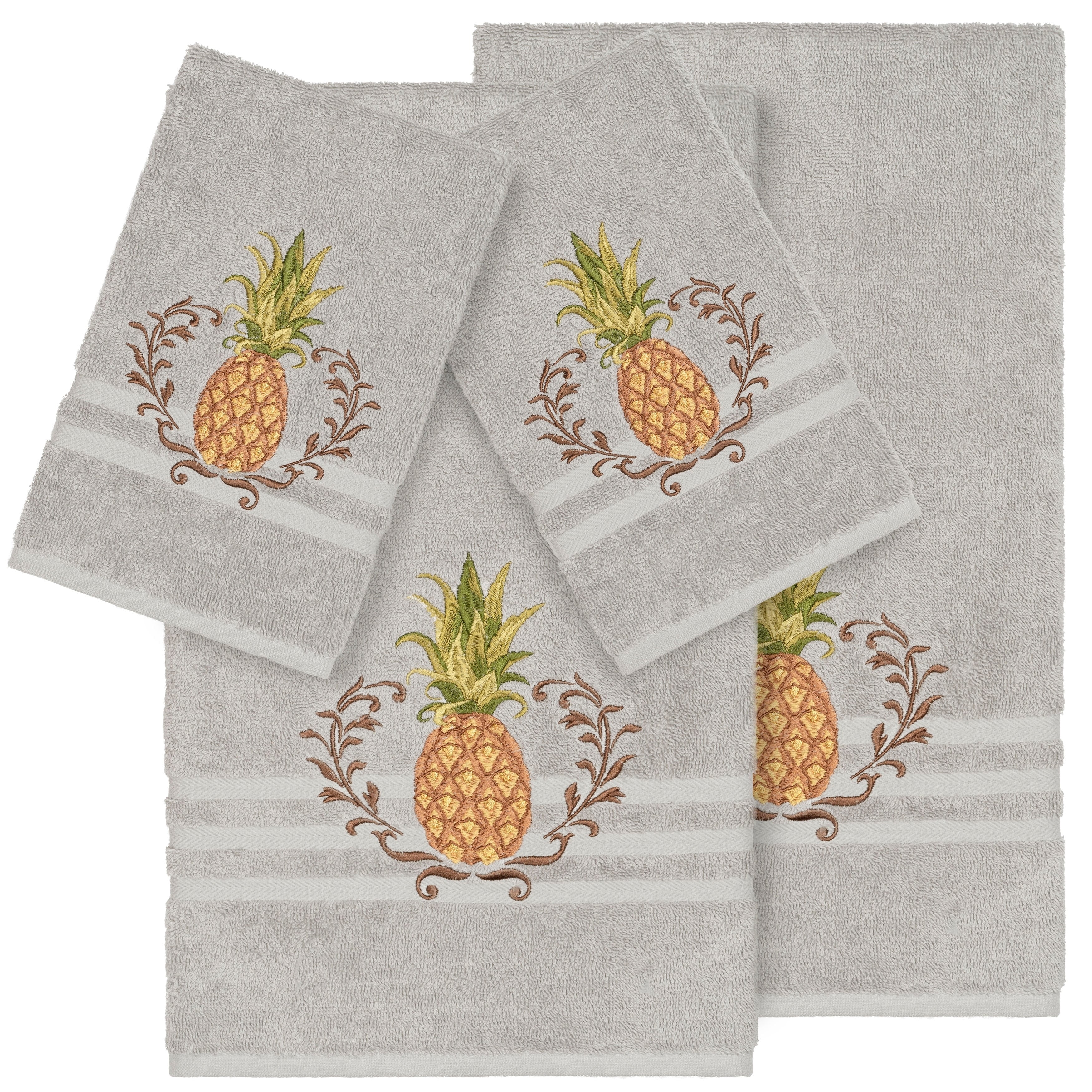 Authentic Hotel And Spa Turkish Cotton Pineapple Embroidered Light Grey 4 Piece Towel Set
