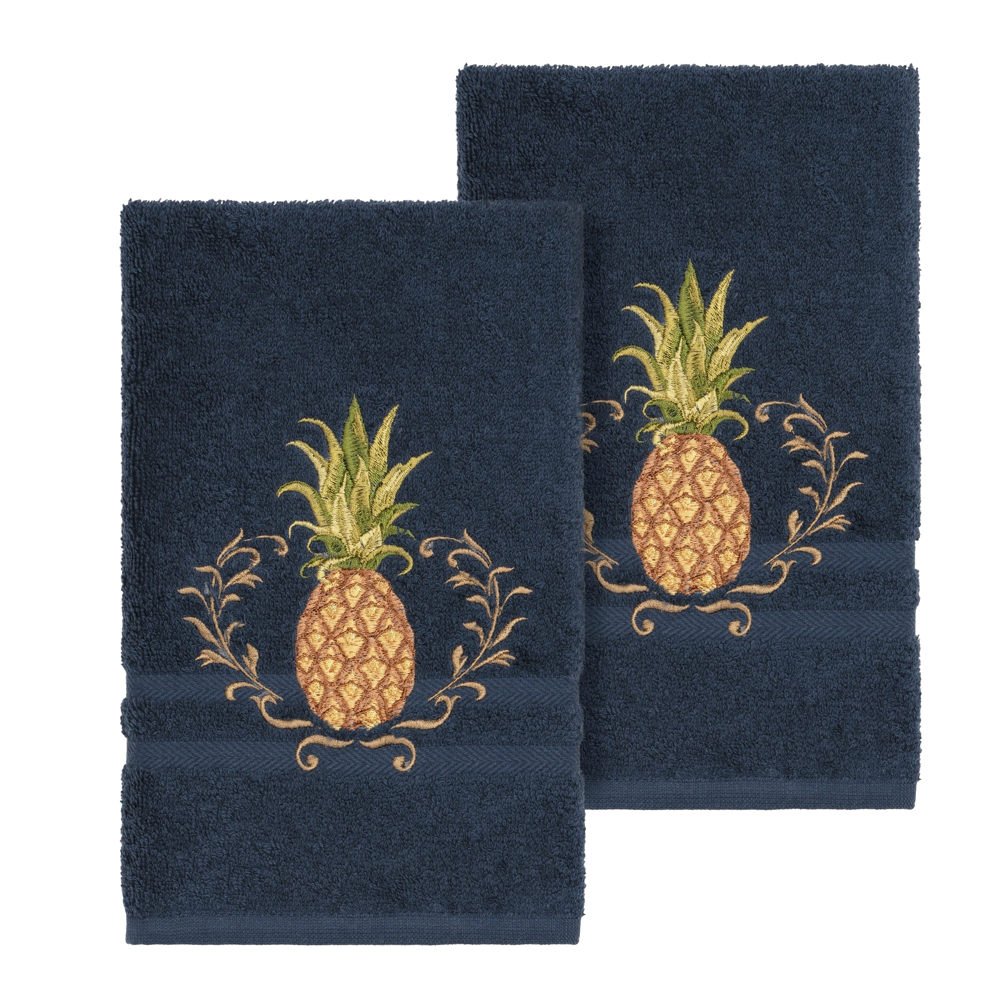 Authentic Hotel And Spa Turkish Cotton Pineapple Embroidered Midnight Blue 2 Piece Towel Hand Set