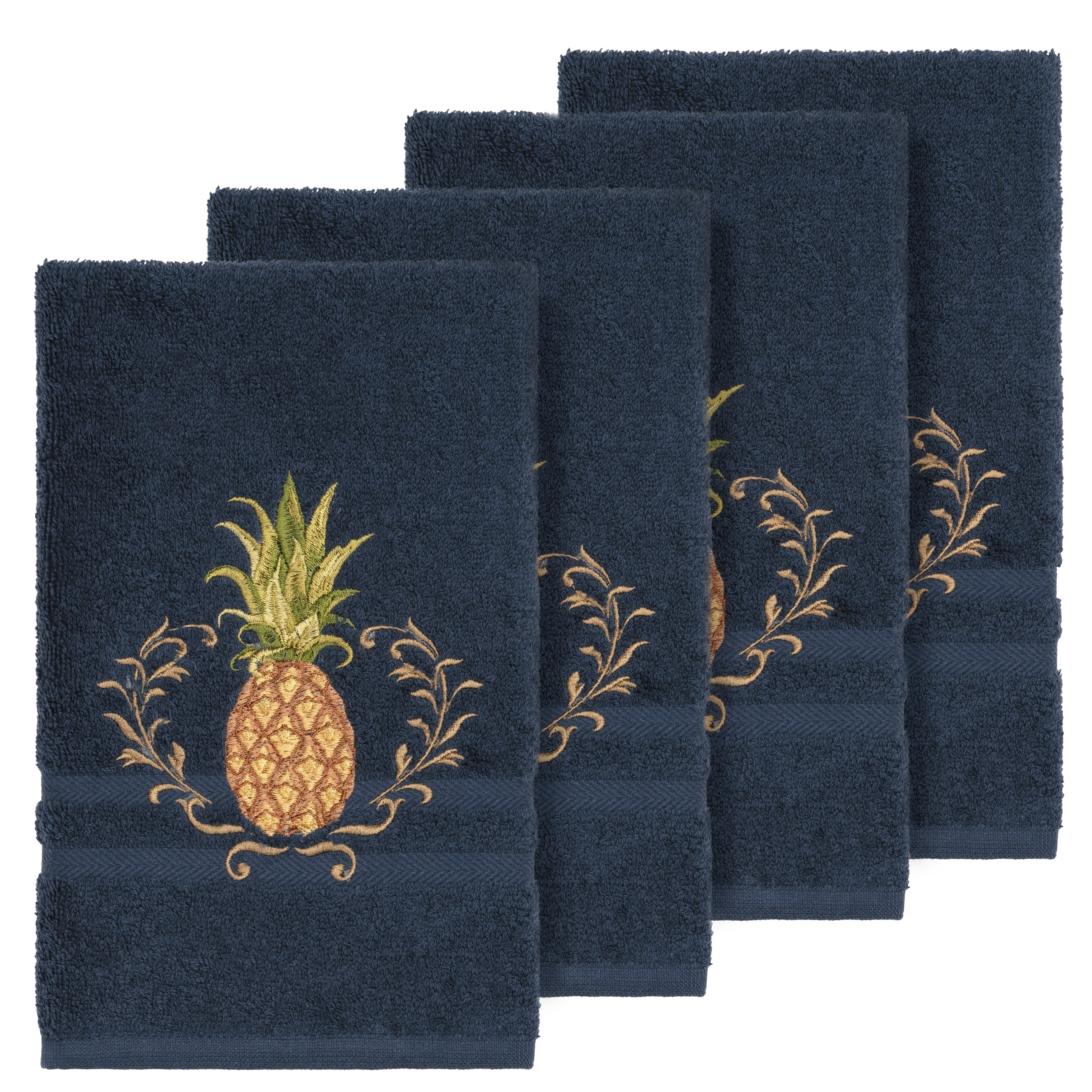 Authentic Hotel And Spa Turkish Cotton Pineapple Embroidered Midnight Blue 4 Piece Hand Towel Set