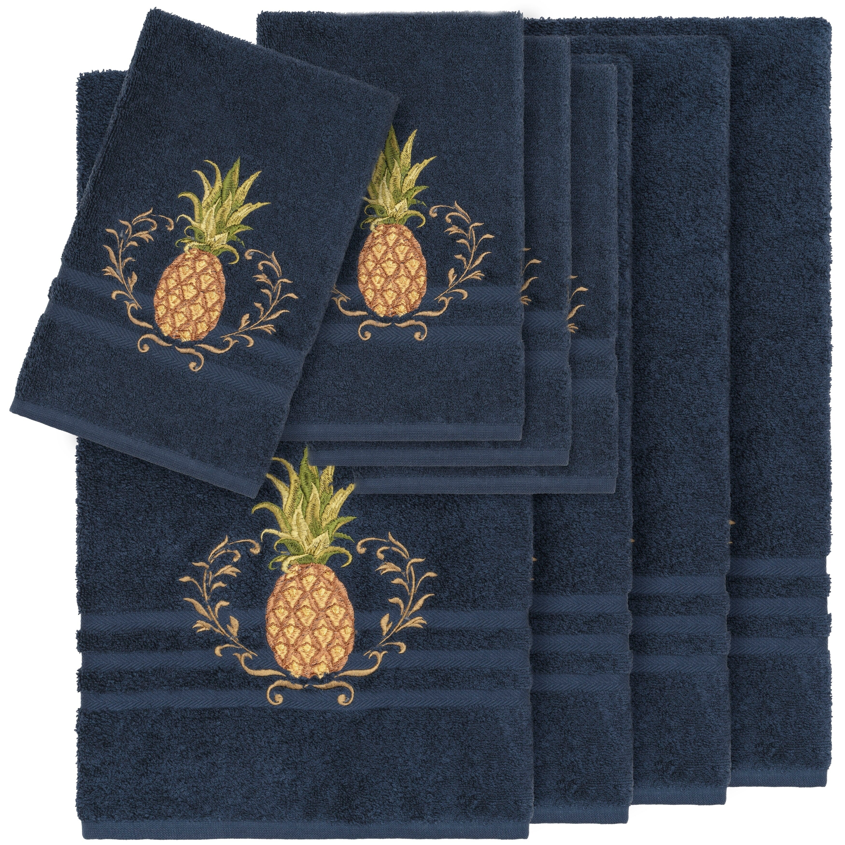 Authentic Hotel And Spa Turkish Cotton Pineapple Embroidered Midnight Blue 8 Piece Towel Set