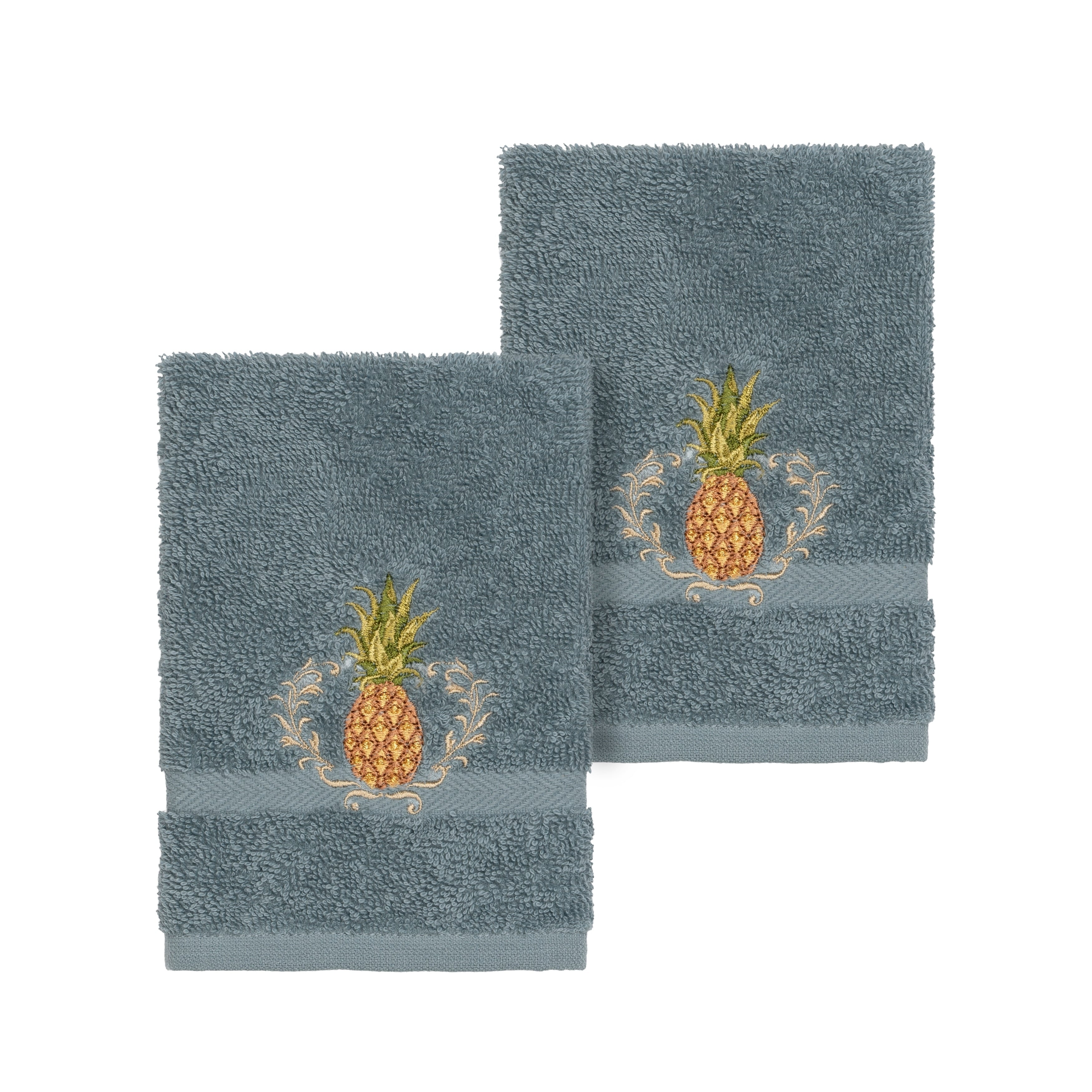 Authentic Hotel And Spa Turkish Cotton Pineapple Embroidered Teal Blue 2 Piece Washcloth Set
