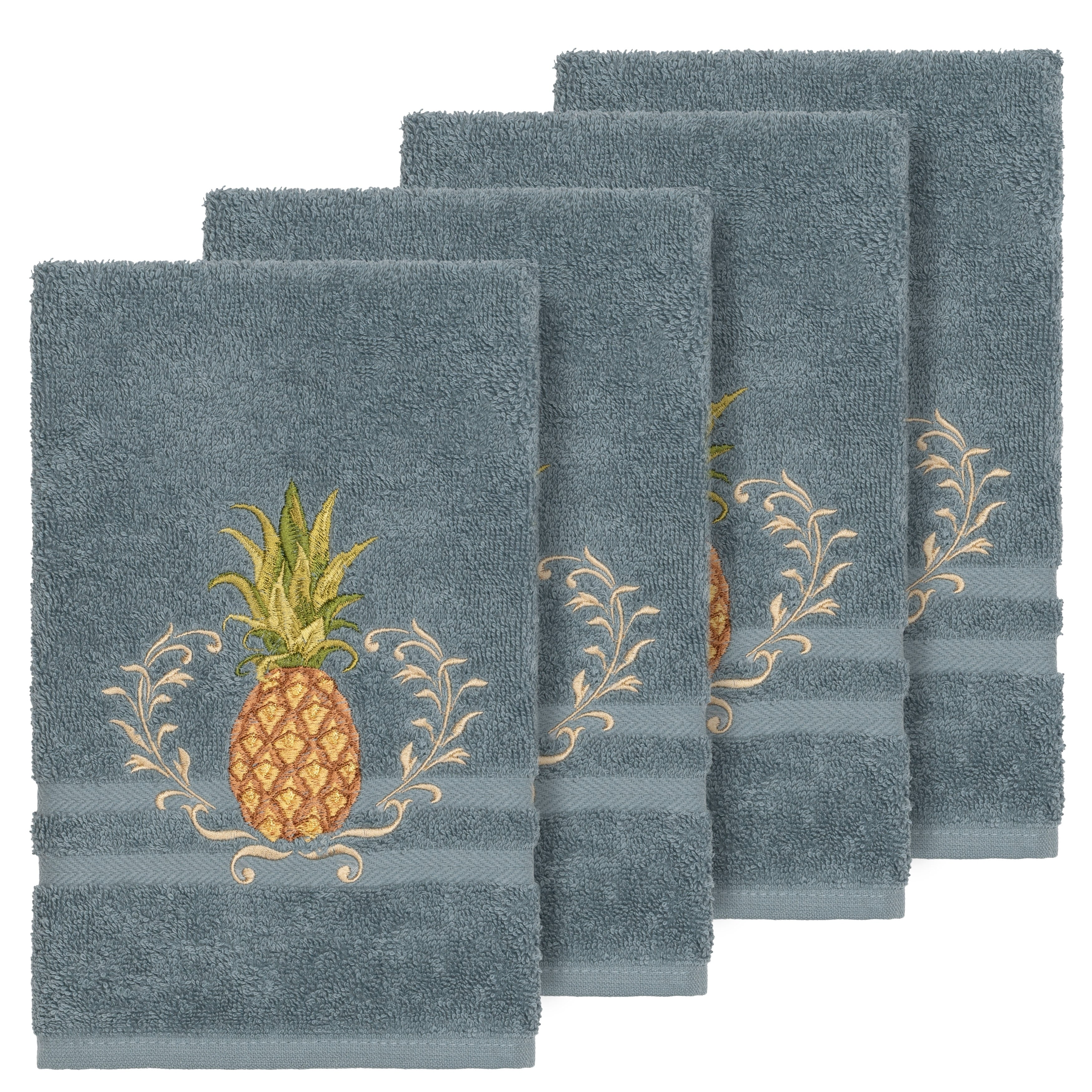 Authentic Hotel And Spa Turkish Cotton Pineapple Embroidered Teal Blue 4 Piece Hand Towel Set