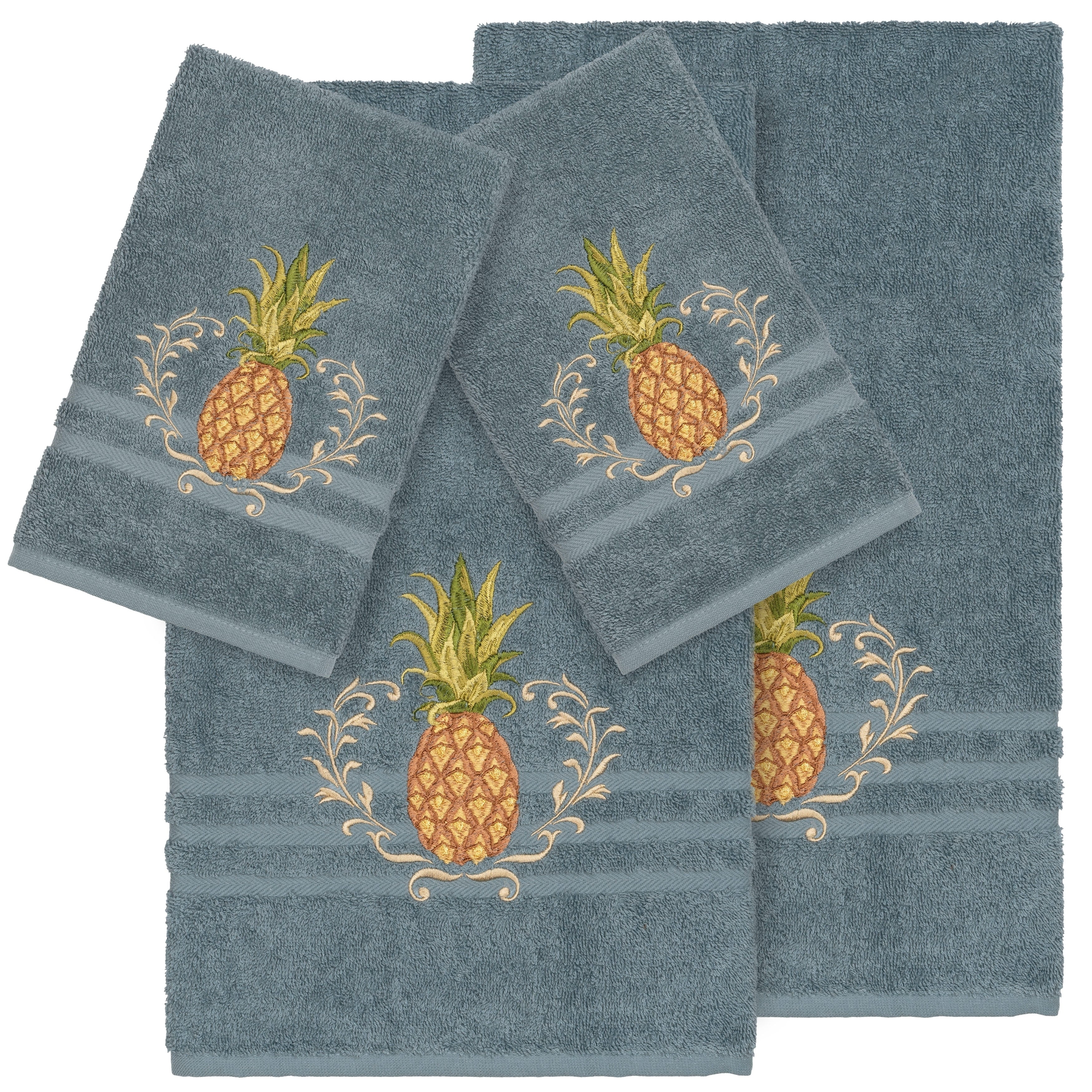 Authentic Hotel And Spa Turkish Cotton Pineapple Embroidered Teal Blue 4 Piece Towel Set