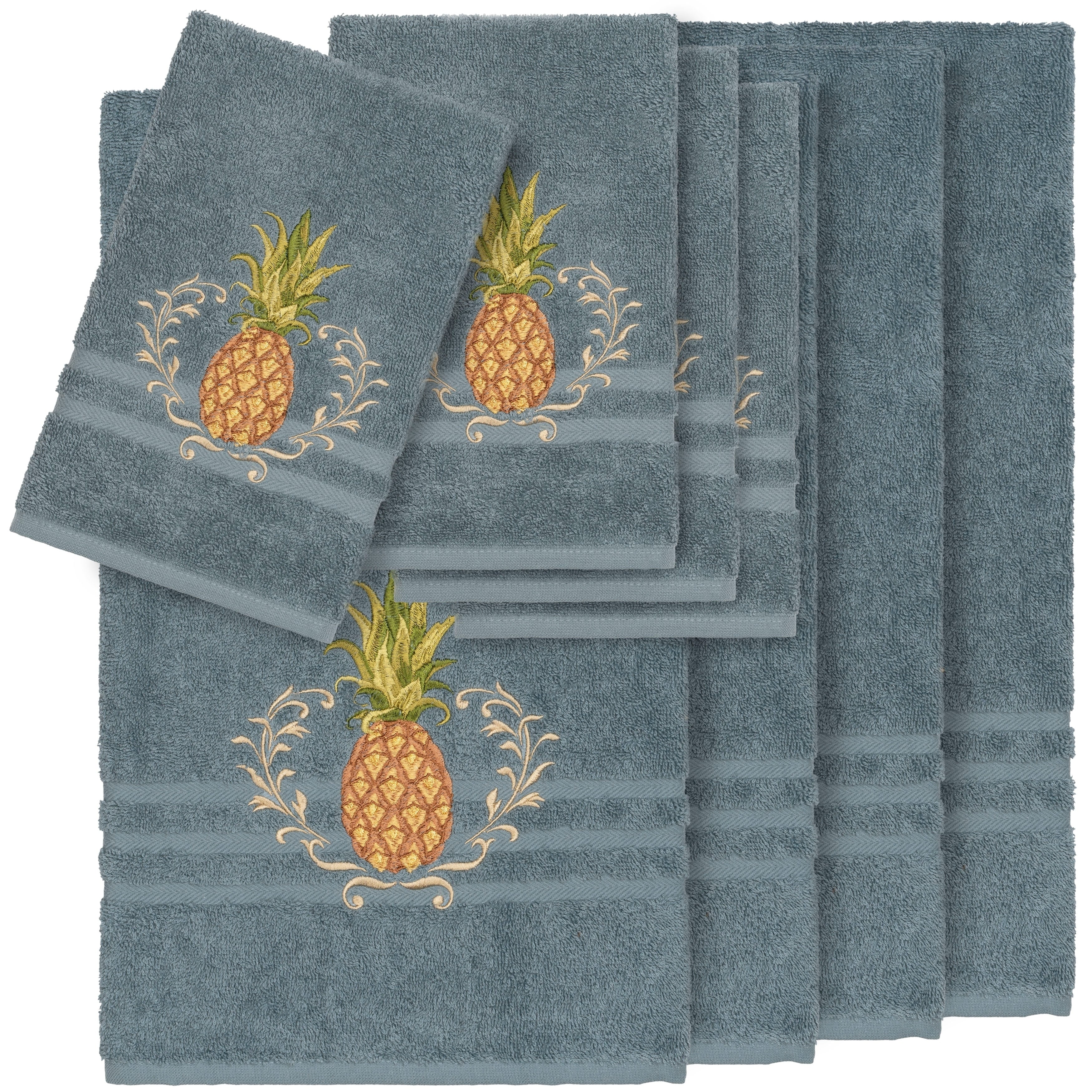 Authentic Hotel And Spa Turkish Cotton Pineapple Embroidered Teal Blue 8 Piece Towel Set