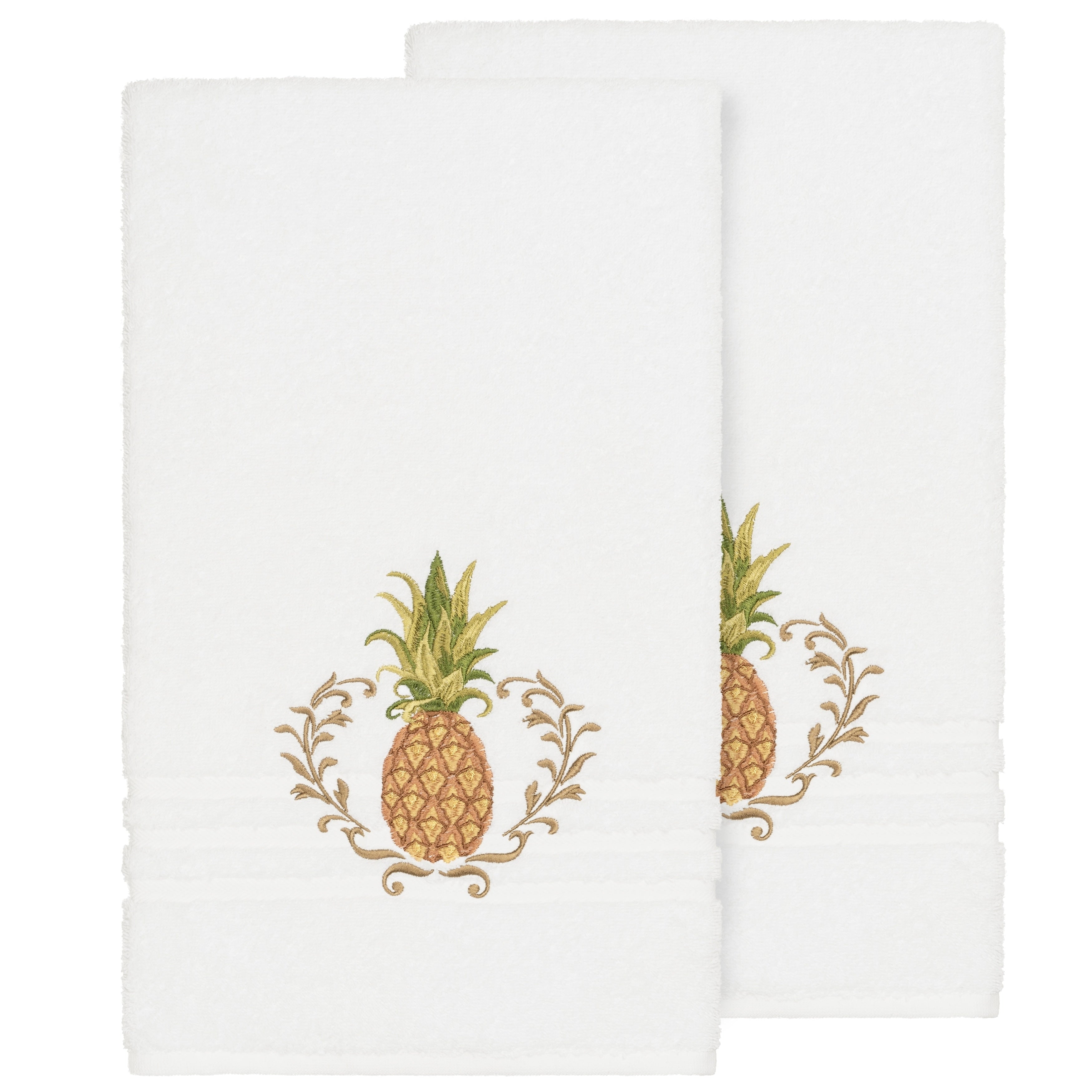 Authentic Hotel And Spa Turkish Cotton Pineapple Embroidered White 2 Piece Bath Towel Set