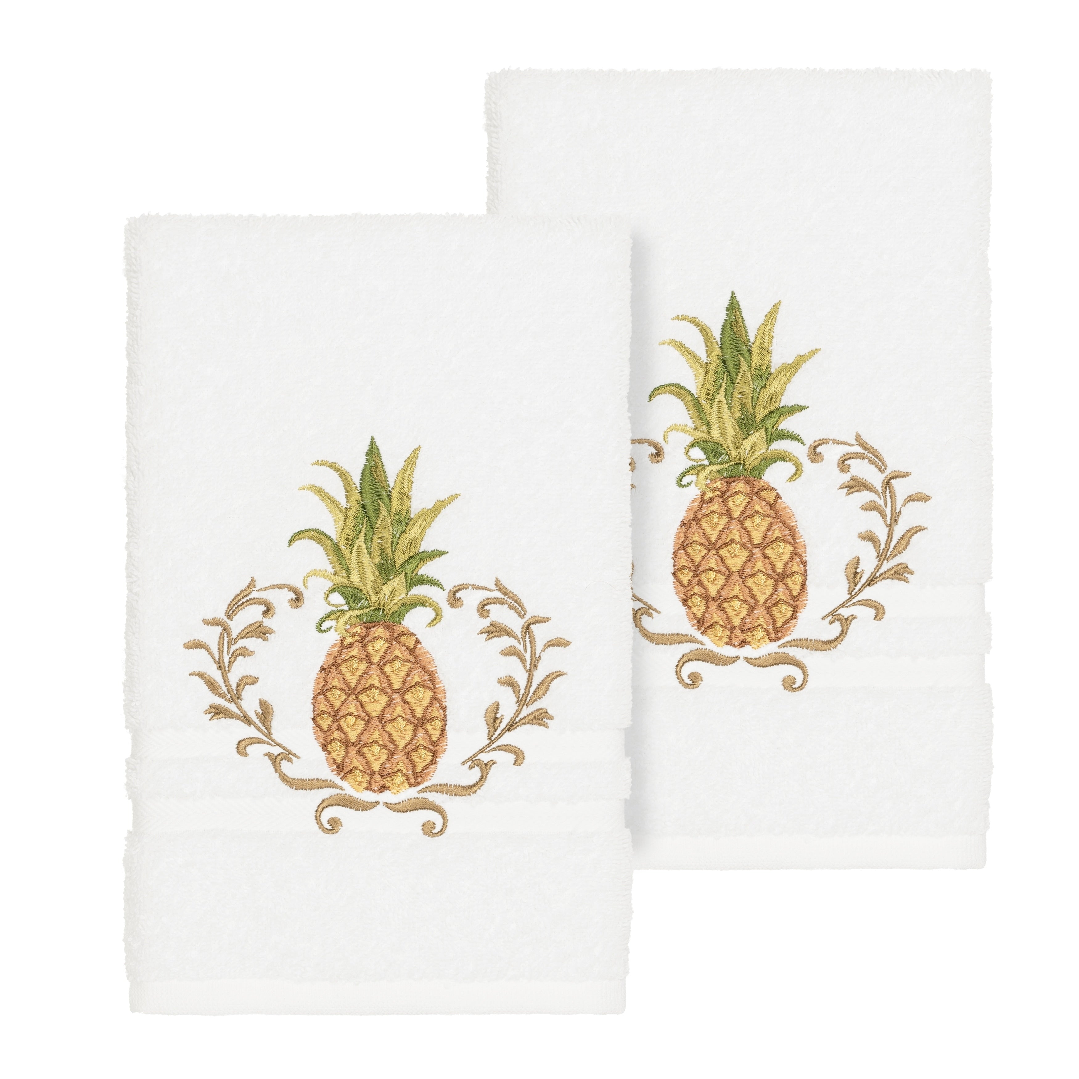 Authentic Hotel And Spa Turkish Cotton Pineapple Embroidered White 2 Piece Towel Hand Set