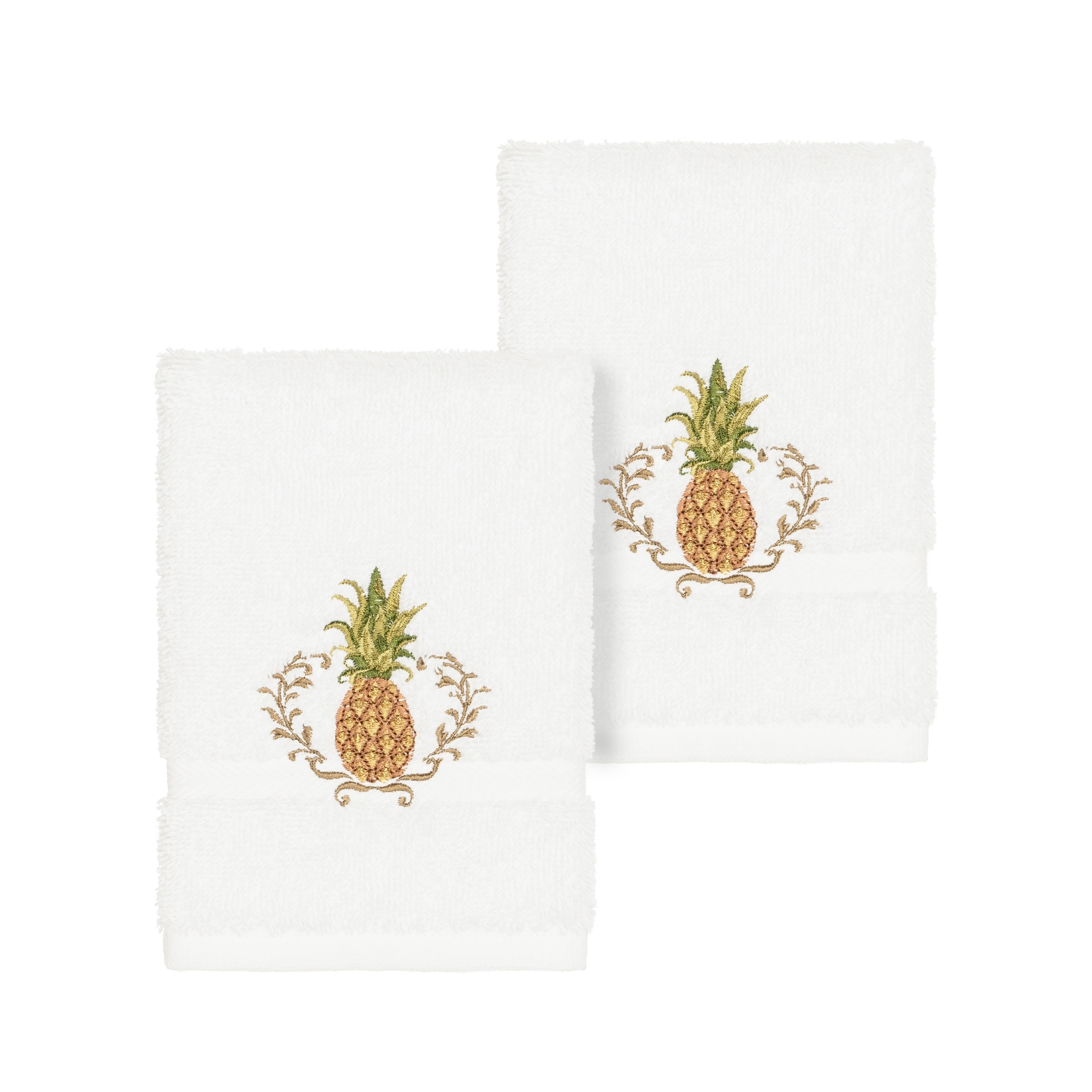 Authentic Hotel And Spa Turkish Cotton Pineapple Embroidered White 2 Piece Washcloth Set