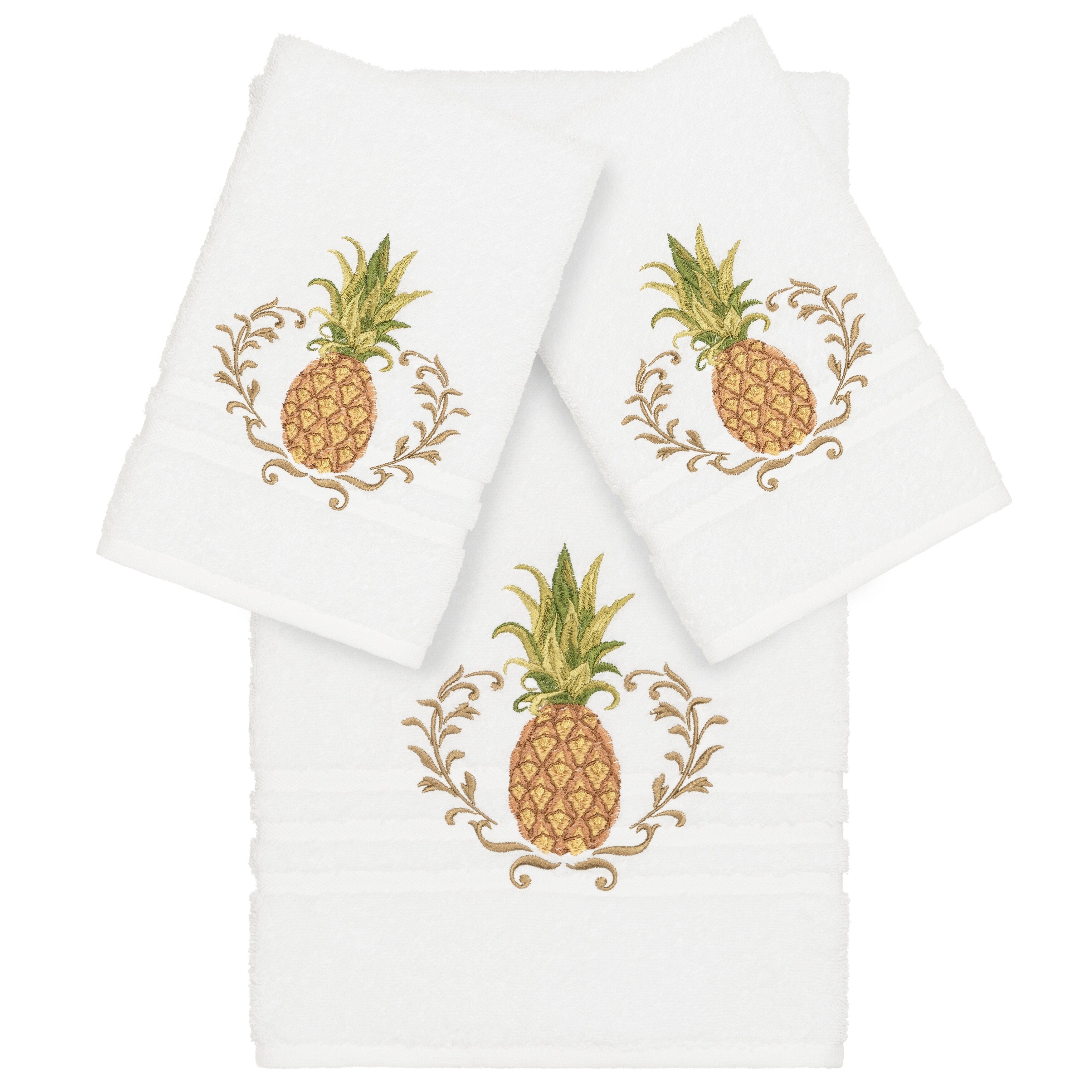 Authentic Hotel And Spa Turkish Cotton Pineapple Embroidered White 3 Piece Towel Set