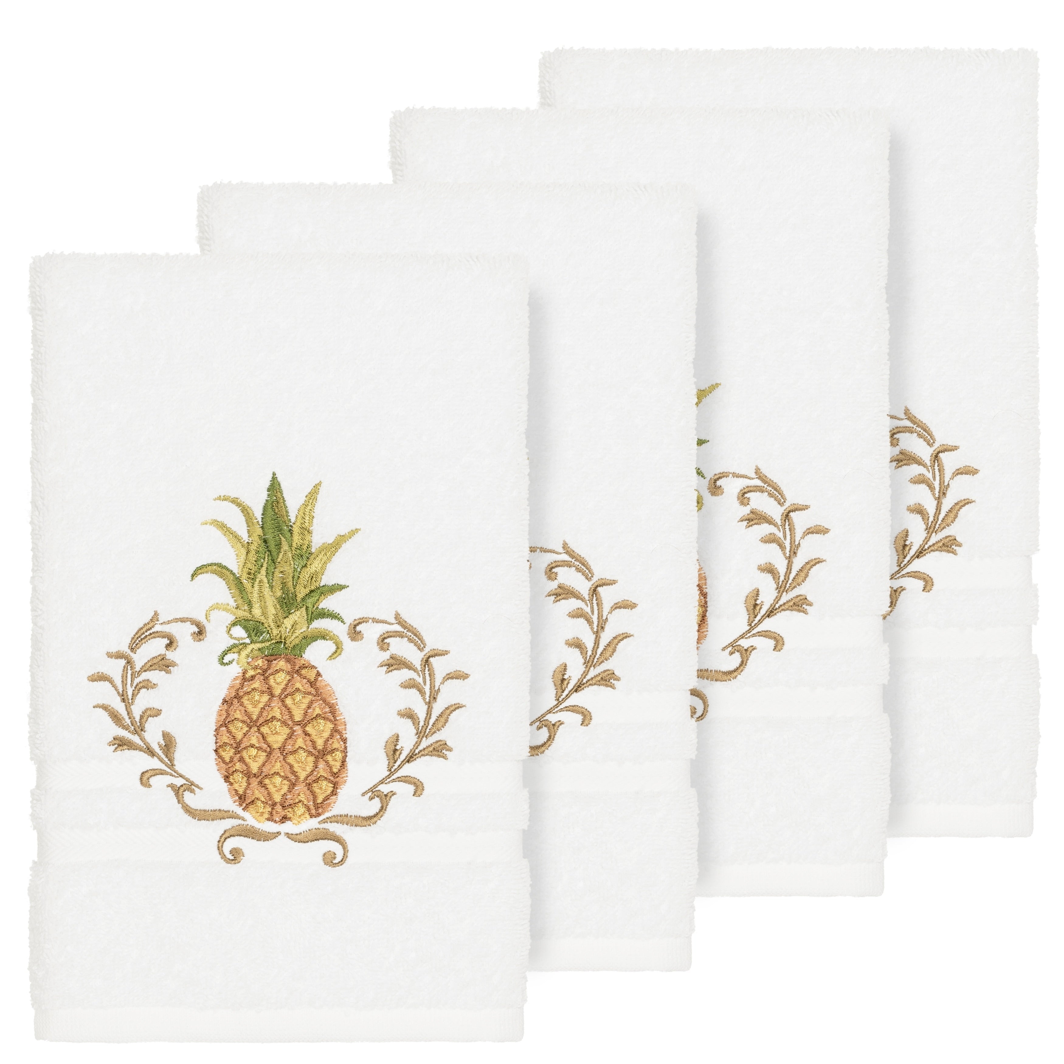 Authentic Hotel And Spa Turkish Cotton Pineapple Embroidered White 4 Piece Hand Towel Set