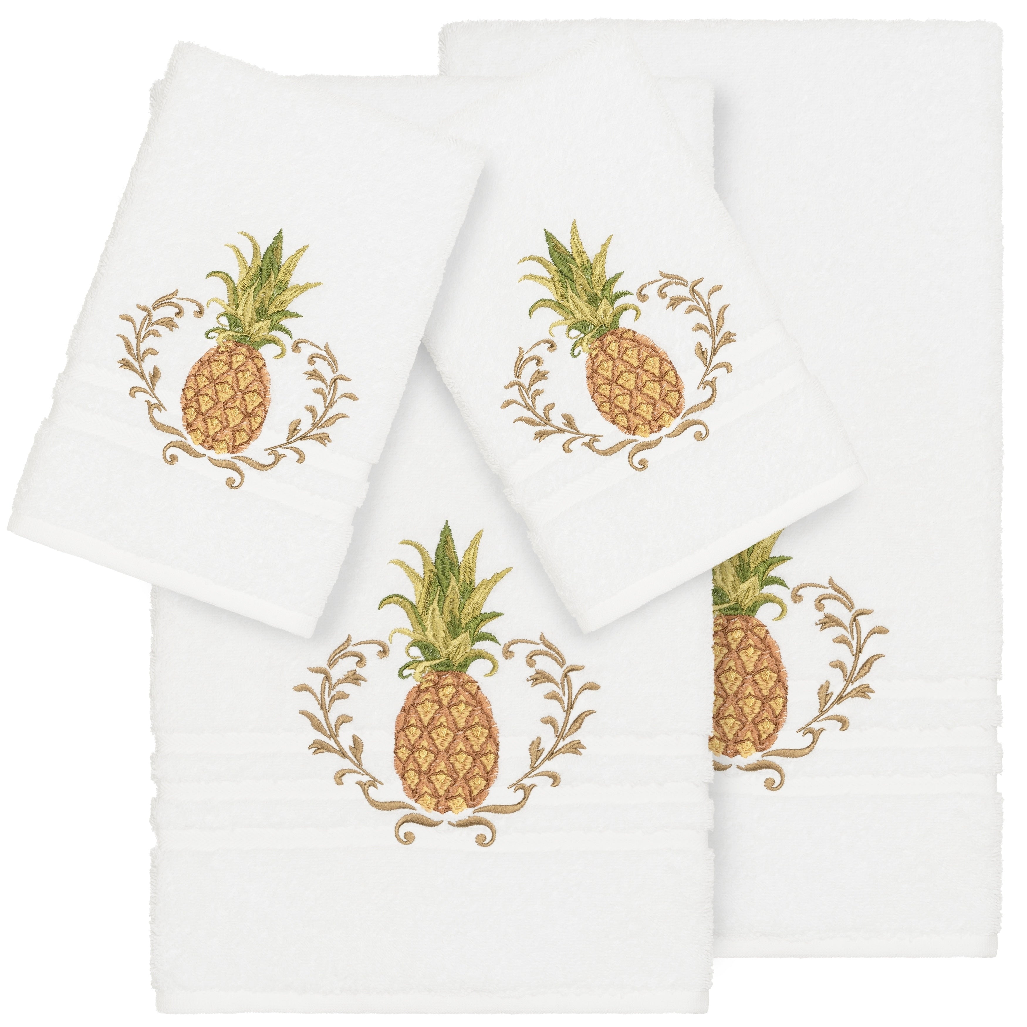 Authentic Hotel And Spa Turkish Cotton Pineapple Embroidered White 4 Piece Towel Set