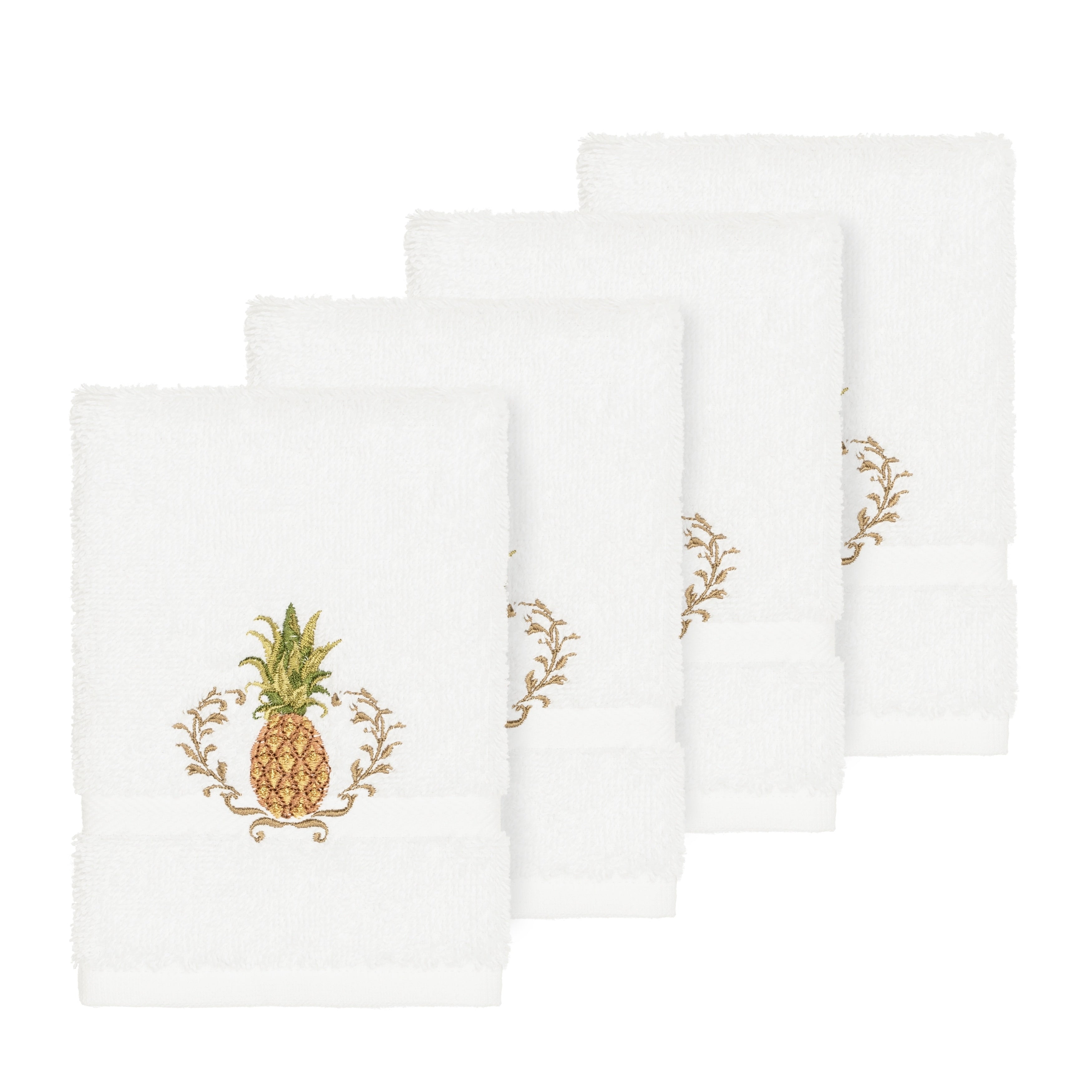 Authentic Hotel And Spa Turkish Cotton Pineapple Embroidered White 4 Piece Washcloth Set