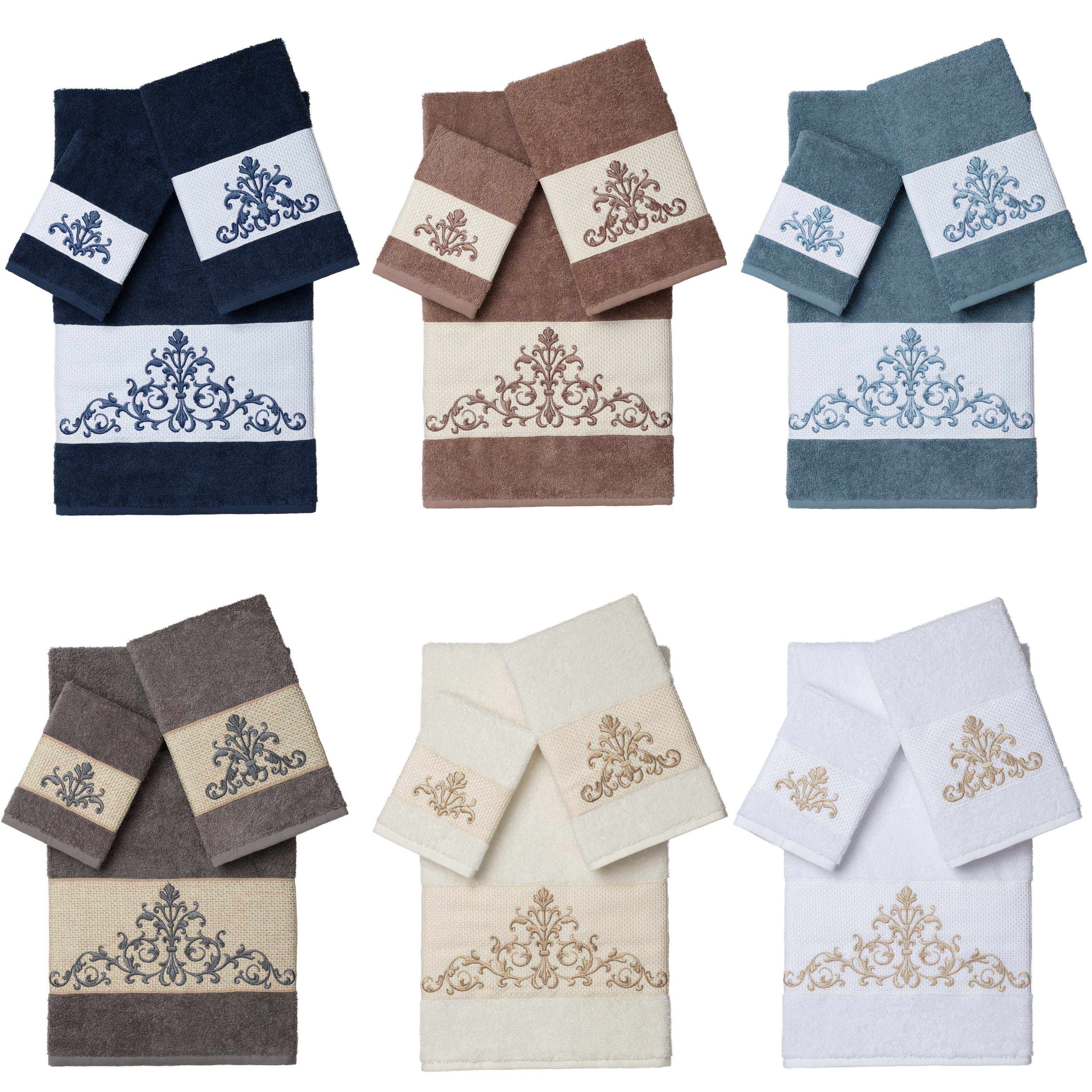 Authentic Hotel And Spa Turkish Cotton Scrollwork Embroidered 3 Piece Towel Set
