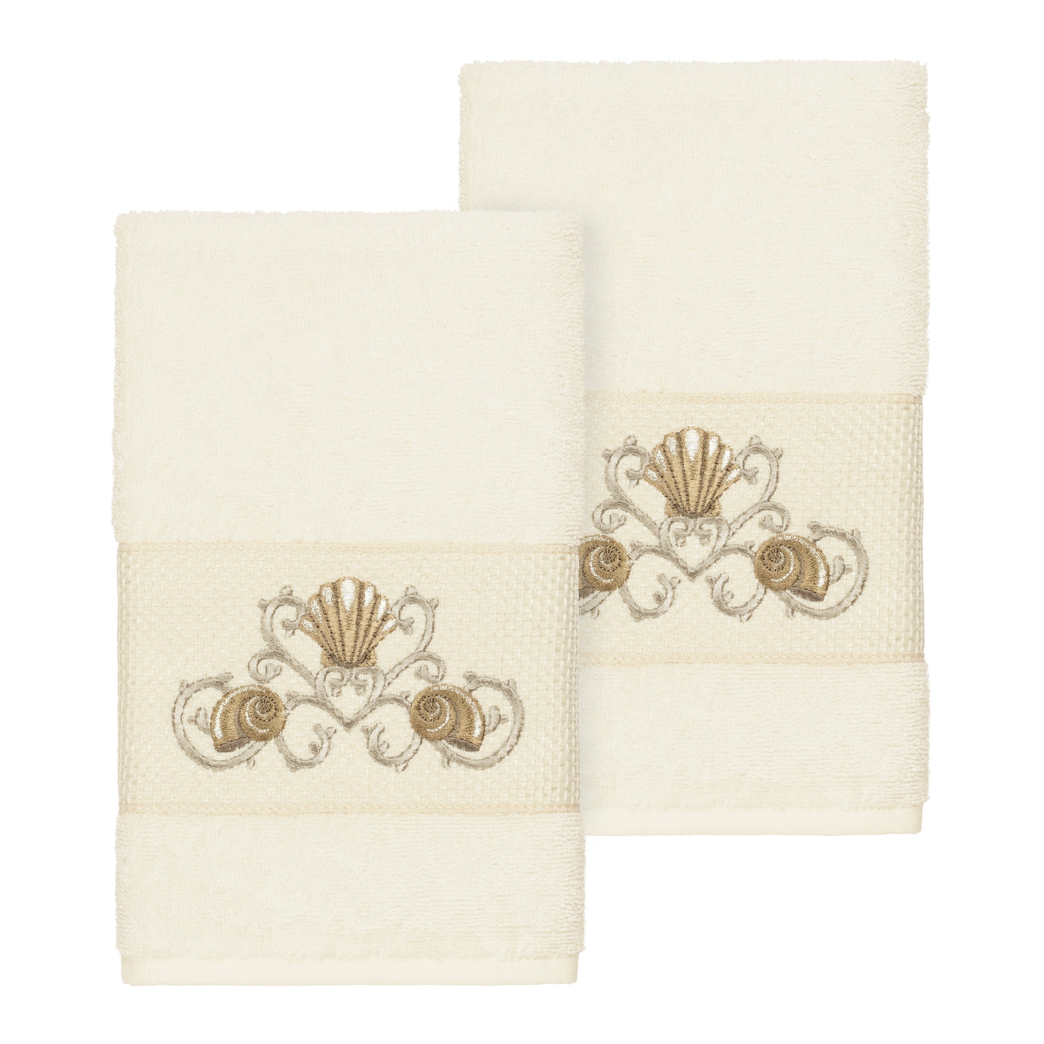Authentic Hotel And Spa Turkish Cotton Shells Embroidered Cream 2 Piece Towel Hand Set