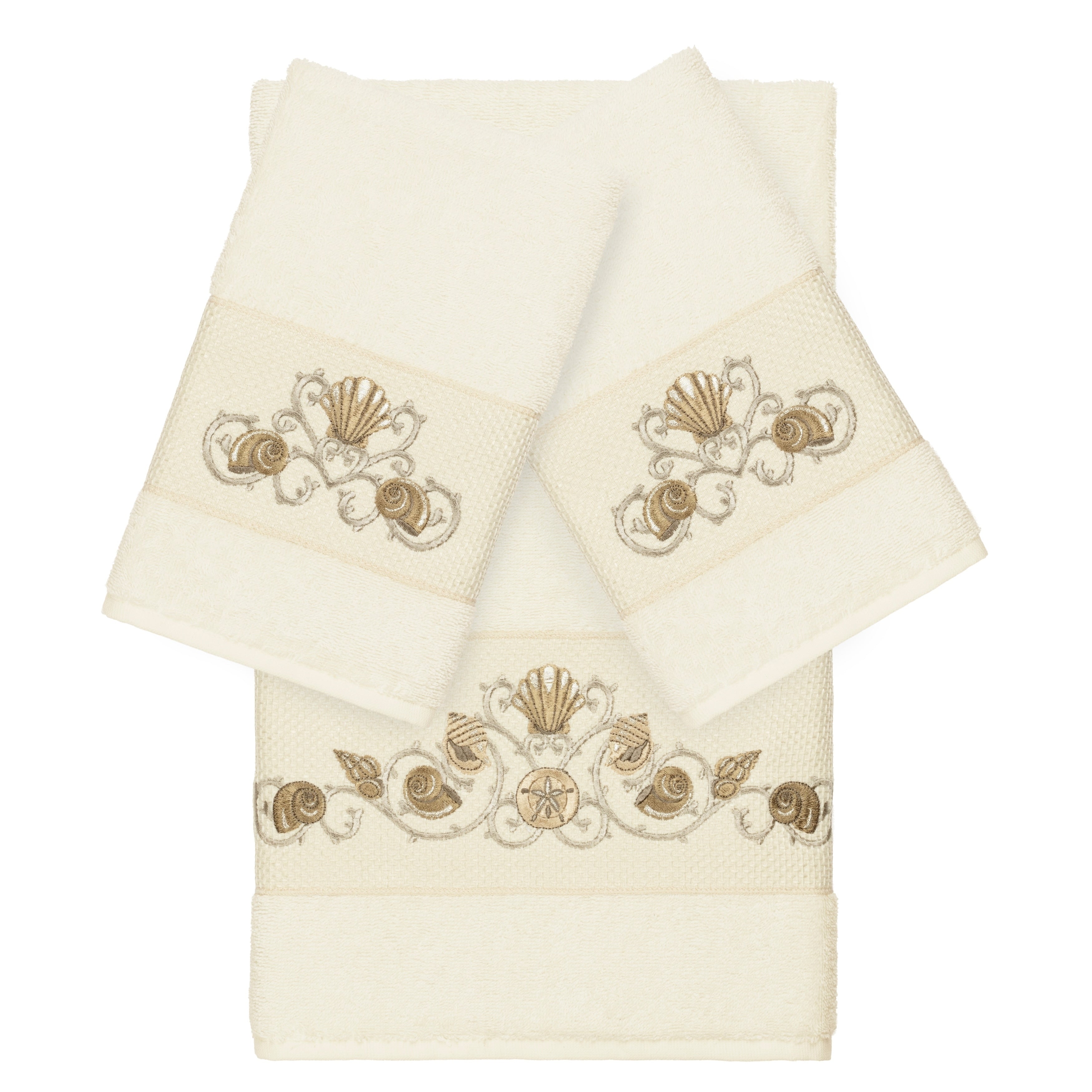 Authentic Hotel And Spa Turkish Cotton Shells Embroidered Cream 3 Piece Towel Set
