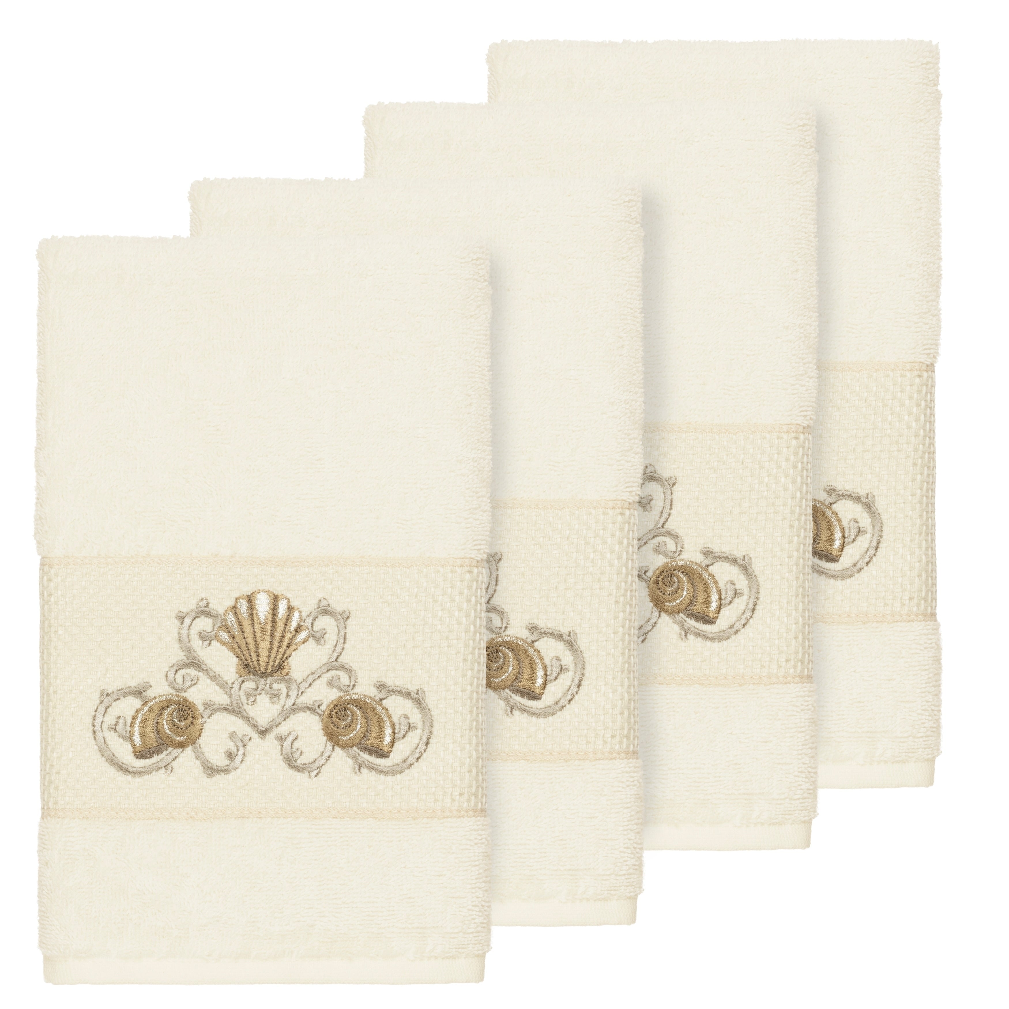 Authentic Hotel And Spa Turkish Cotton Shells Embroidered Cream 4 Piece Hand Towel Set