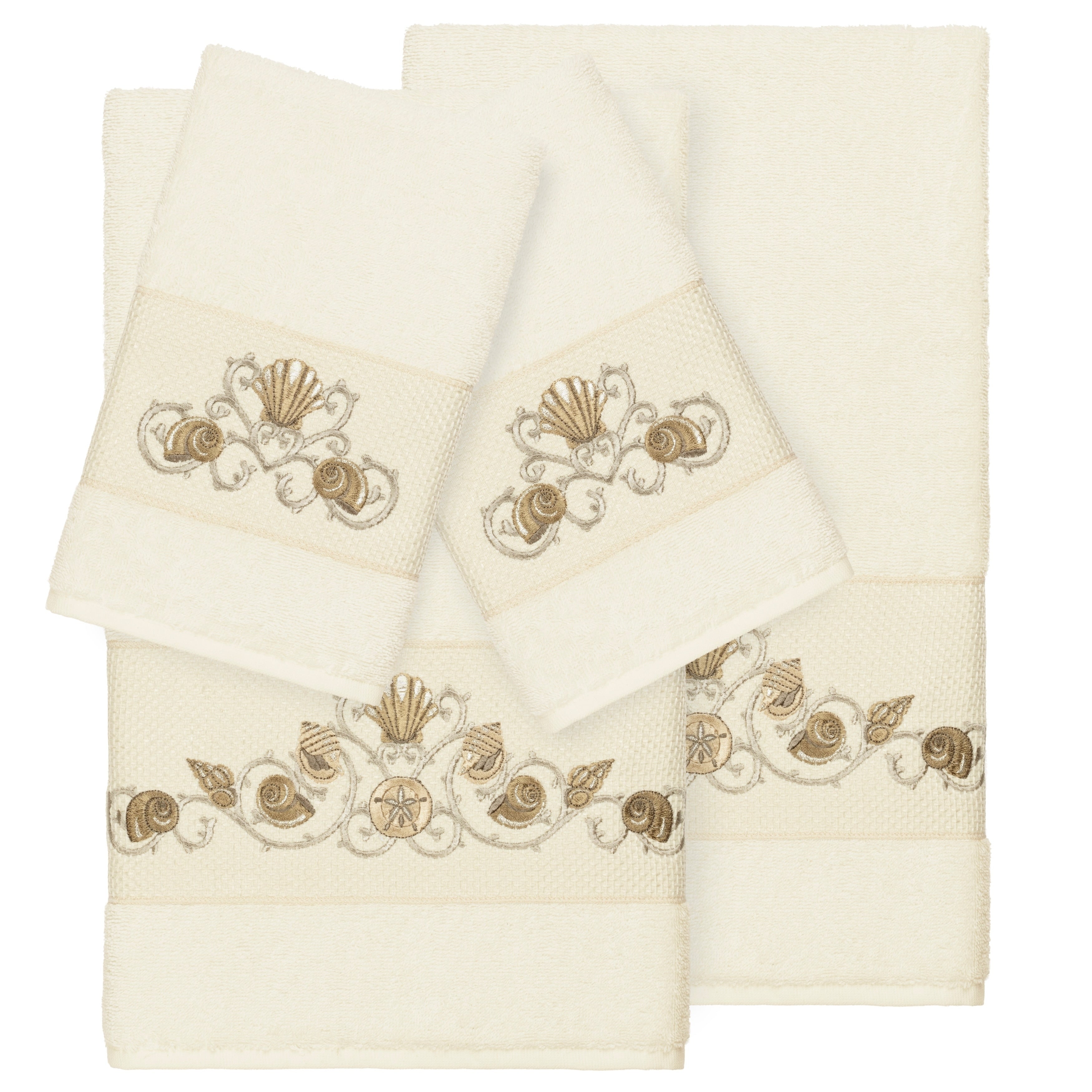 Authentic Hotel And Spa Turkish Cotton Shells Embroidered Cream 4 Piece Towel Set