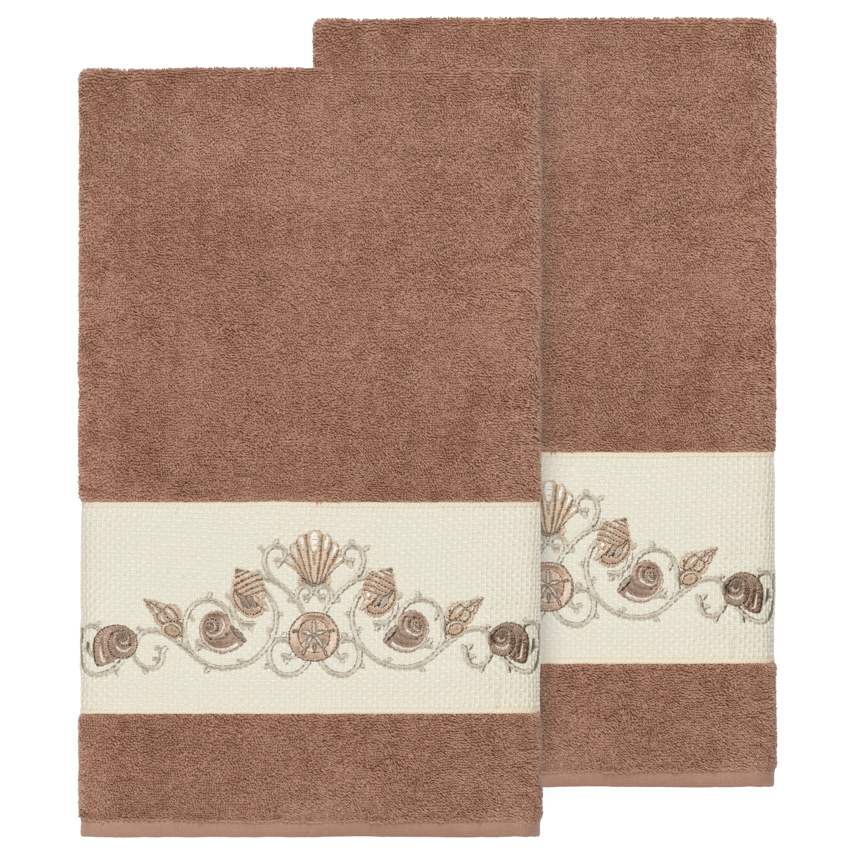 Authentic Hotel And Spa Turkish Cotton Shells Embroidered Latte Brown 2 Piece Bath Towel Set