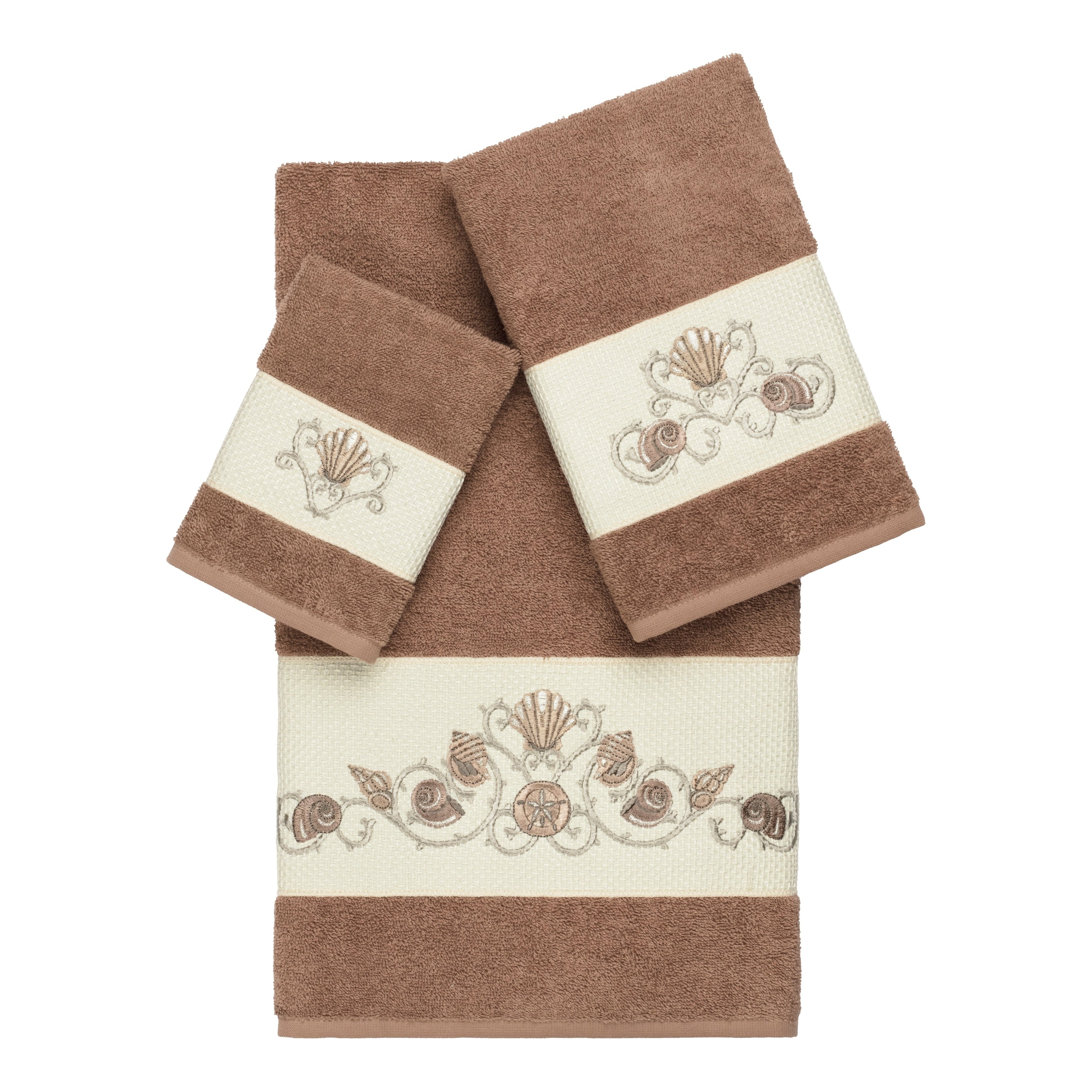 Authentic Hotel And Spa Turkish Cotton Shells Embroidered Latte Brown 3 Piece Towel Set