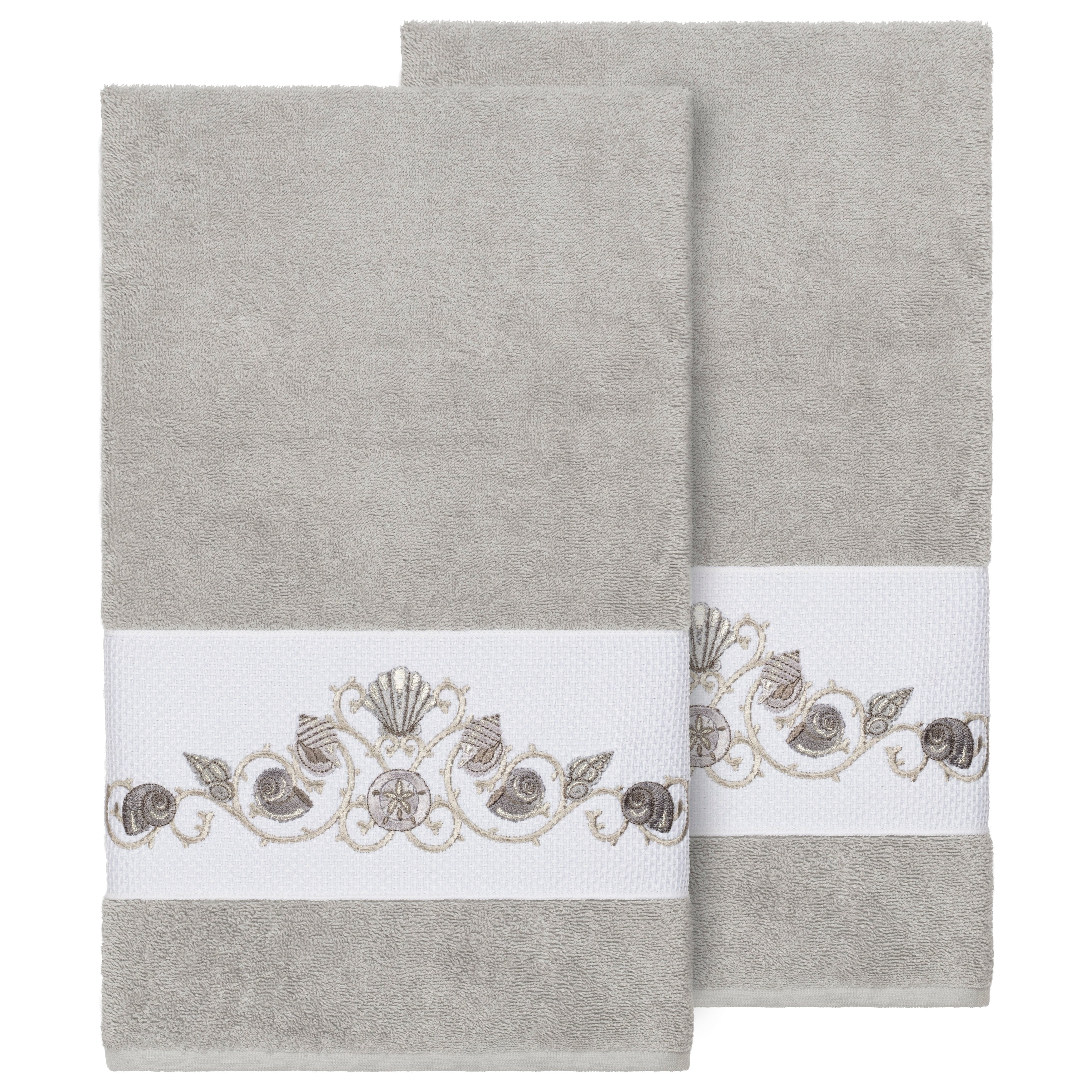 Authentic Hotel And Spa Turkish Cotton Shells Embroidered Light Grey 2 Piece Bath Towel Set