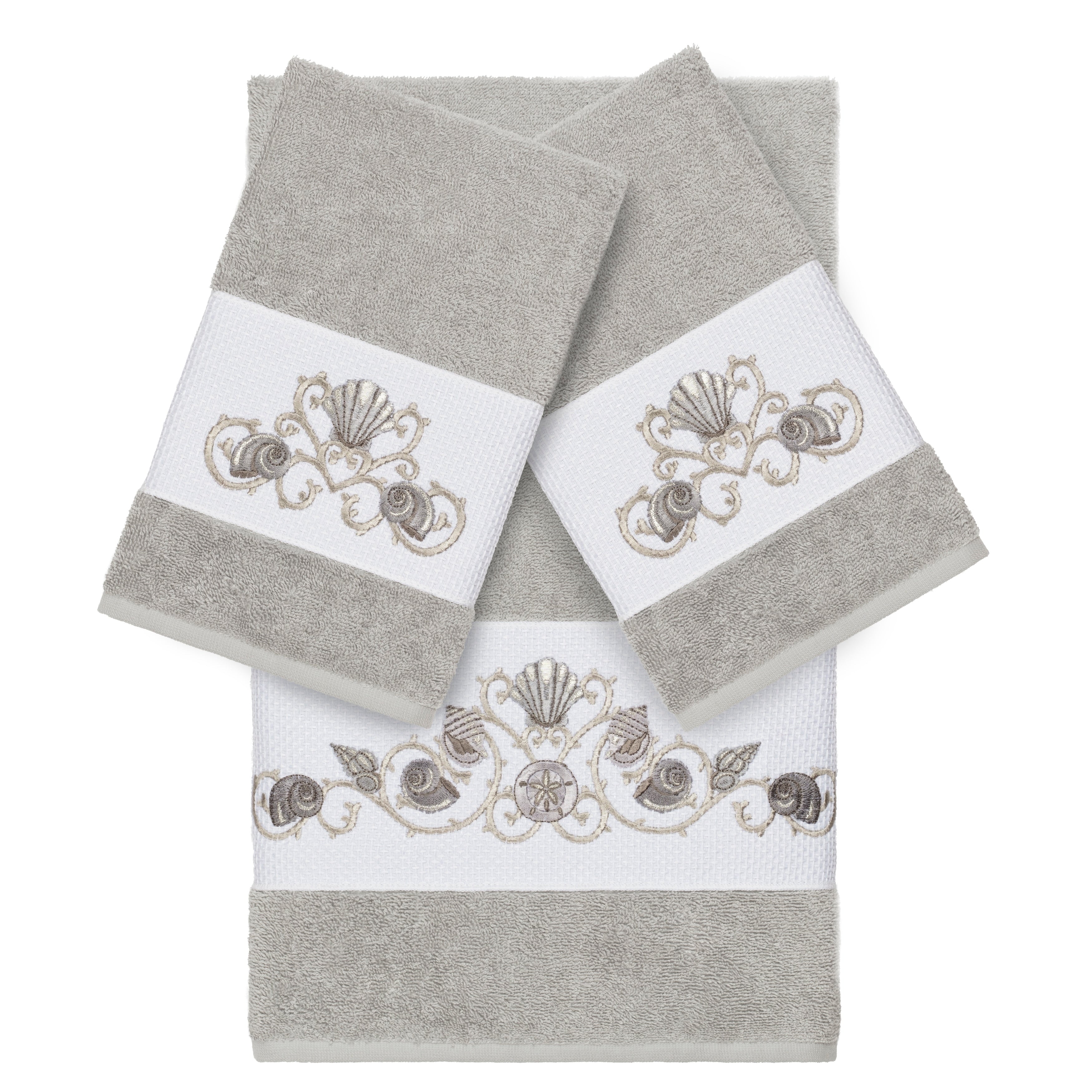 Authentic Hotel And Spa Turkish Cotton Shells Embroidered Light Grey 3 Piece Towel Set