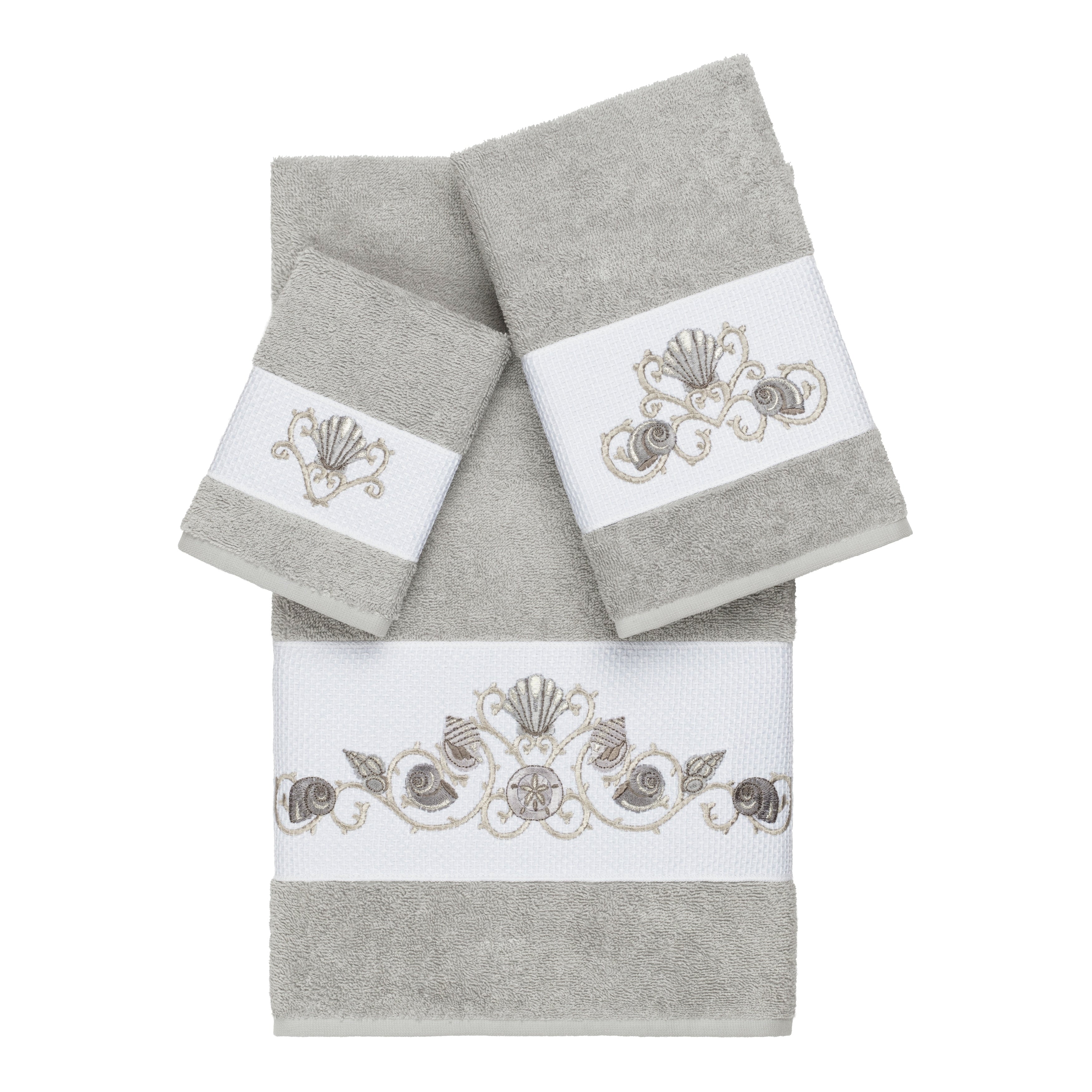 Authentic Hotel And Spa Turkish Cotton Shells Embroidered Light Grey 3 Piece Towel Set