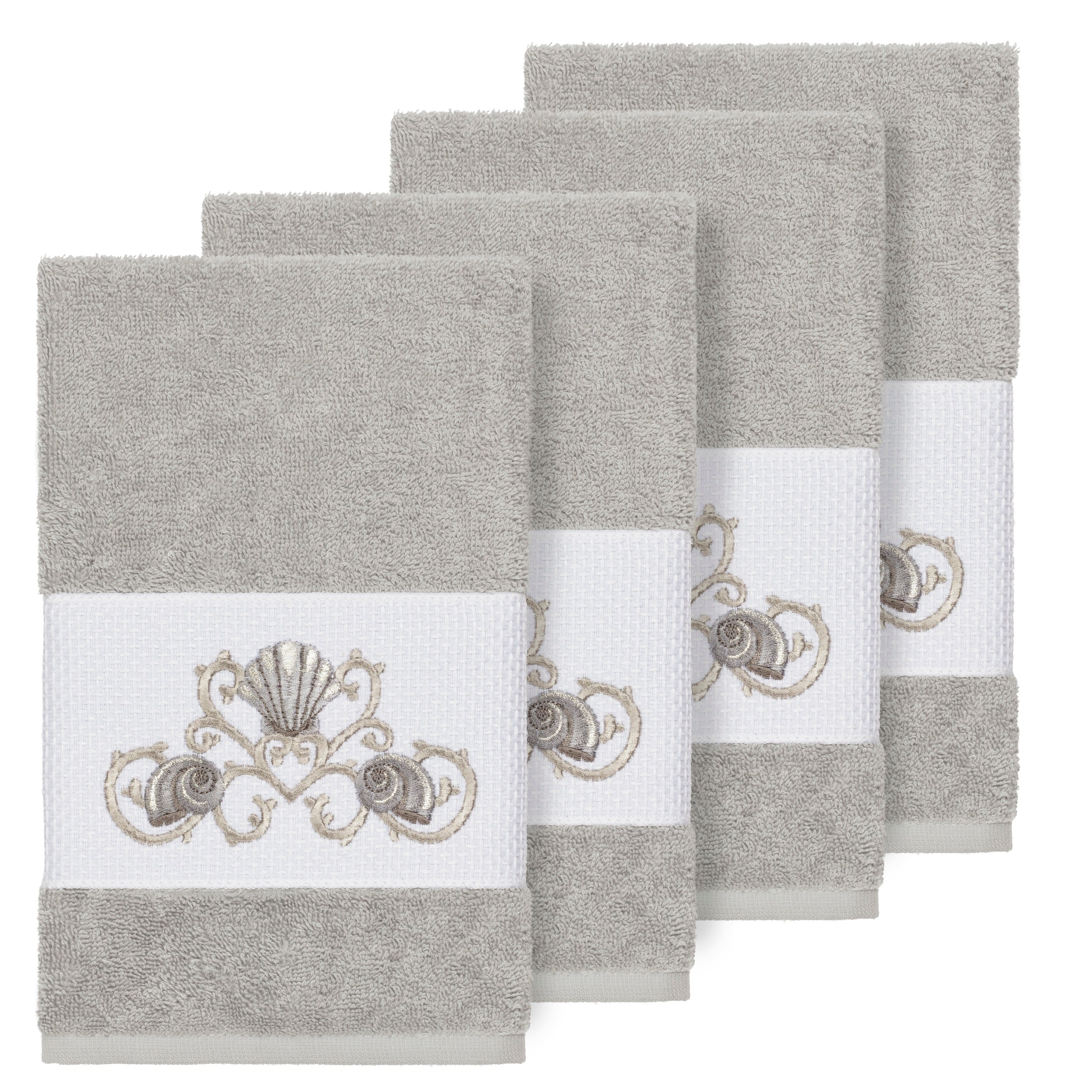 Authentic Hotel And Spa Turkish Cotton Shells Embroidered Light Grey 4 Piece Hand Towel Set