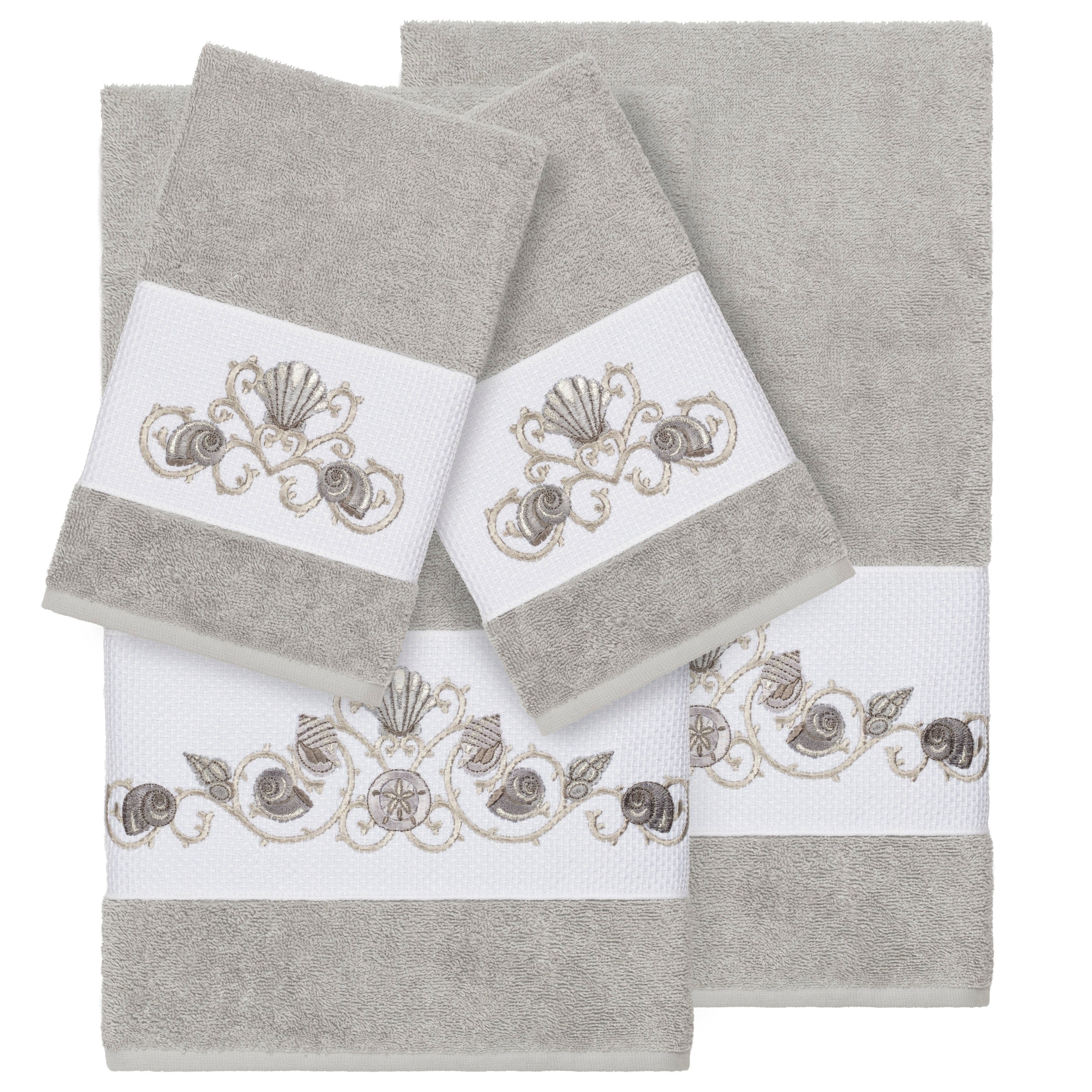 Authentic Hotel And Spa Turkish Cotton Shells Embroidered Light Grey 4 Piece Towel Set