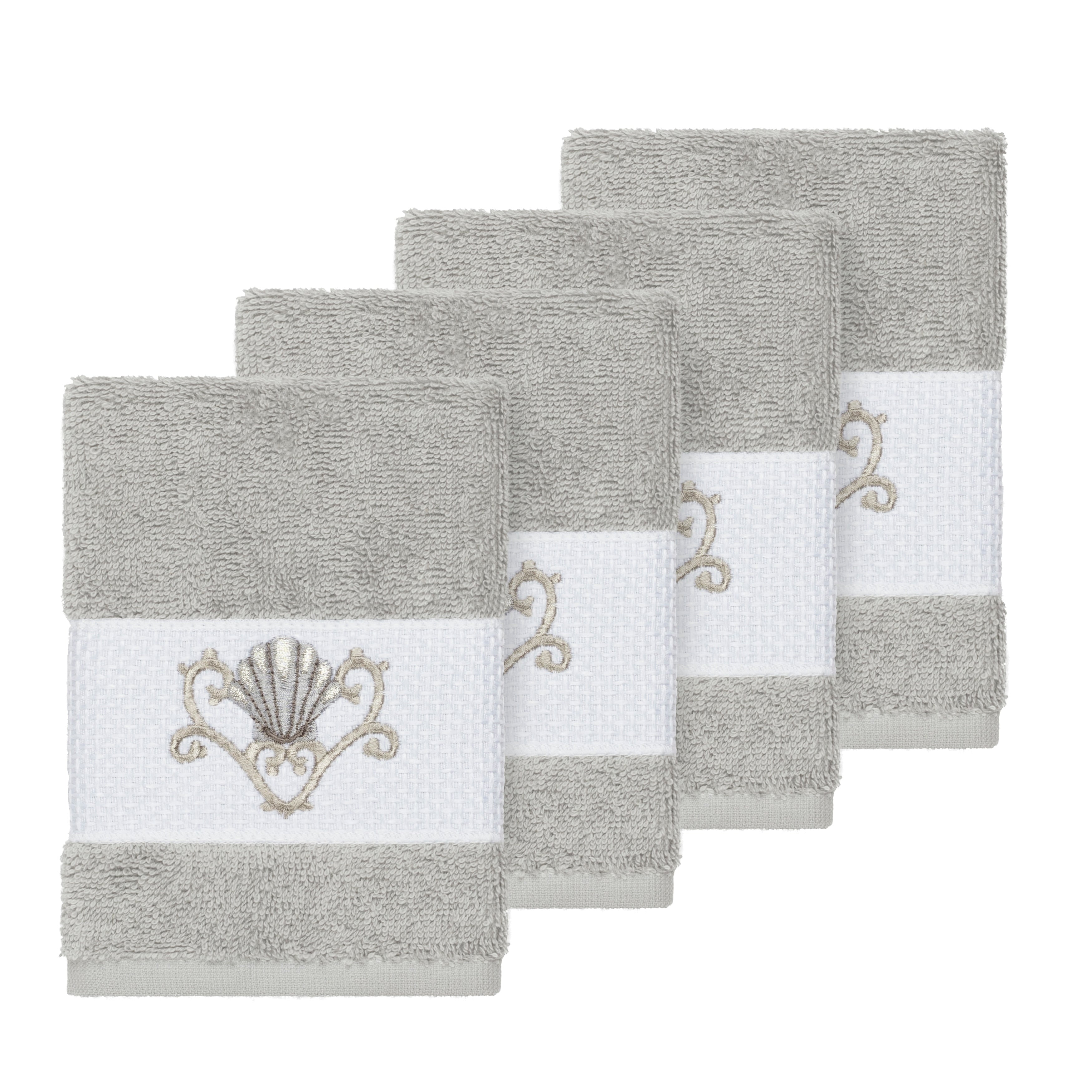 Authentic Hotel And Spa Turkish Cotton Shells Embroidered Light Grey 4 Piece Washcloth Set